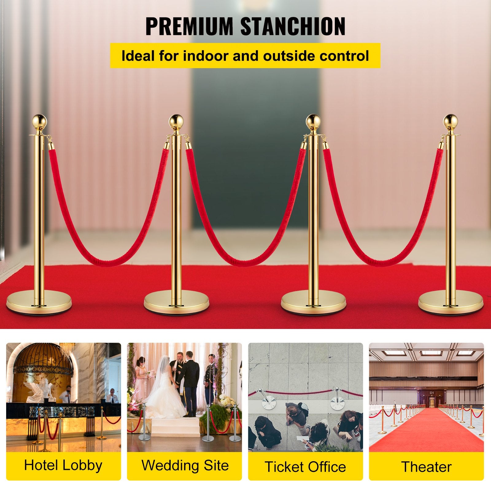 Fencing & Barriers: VEVOR 4PCS Gold Stanchion Posts Queue, 38 Inch Red Velvet Rope, Crowd Control Barriers Queue Line Rope, Barriers for Party Supplies