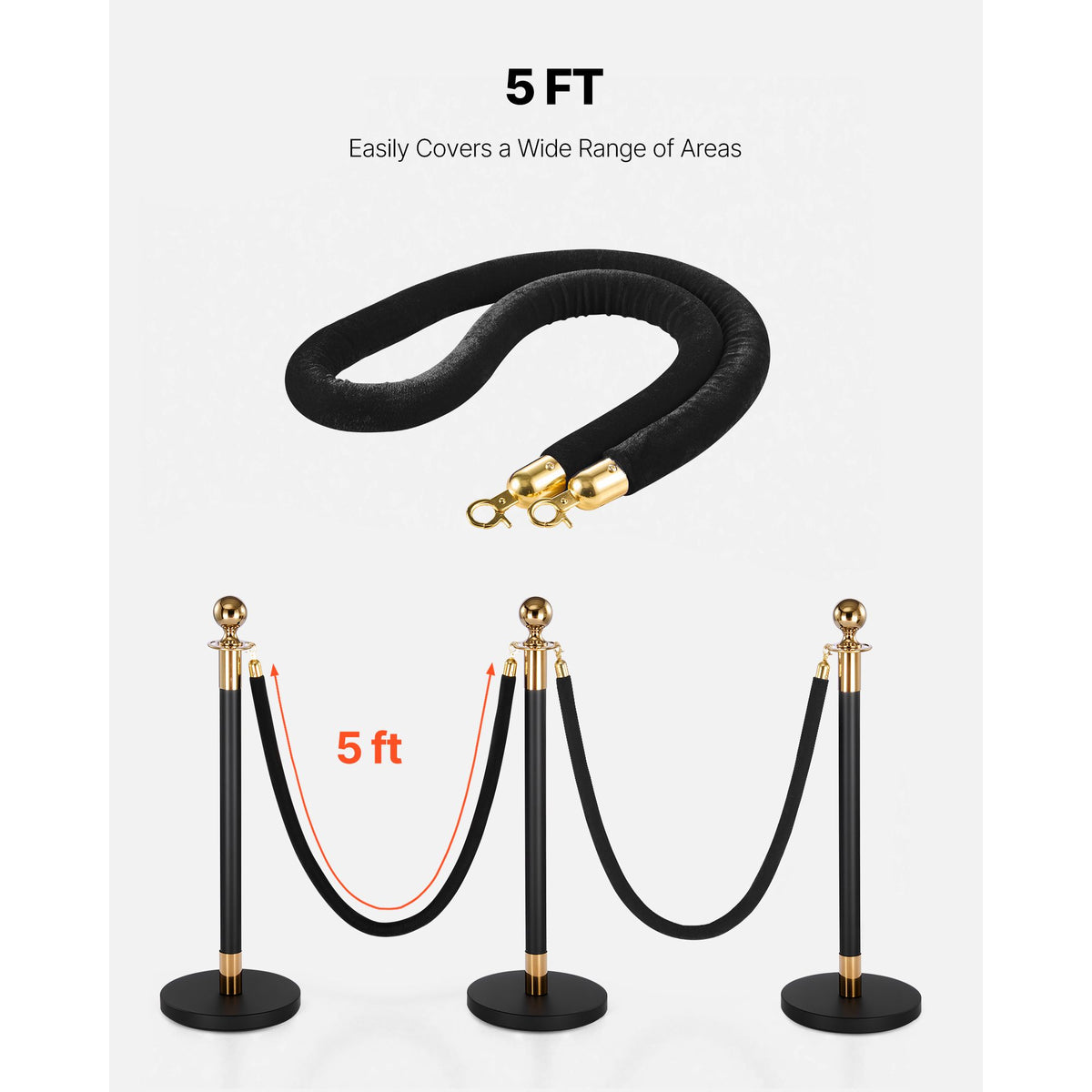2 Pcs Black Velvet Stanchion Ropes, 1.5 m Crowd Control Stanchion Black Velvet Ropes with Gold Hooks, Post Queue Barrier Carpet Rope for Carpet Events Movie Theaters Grand Openings Hotels Party