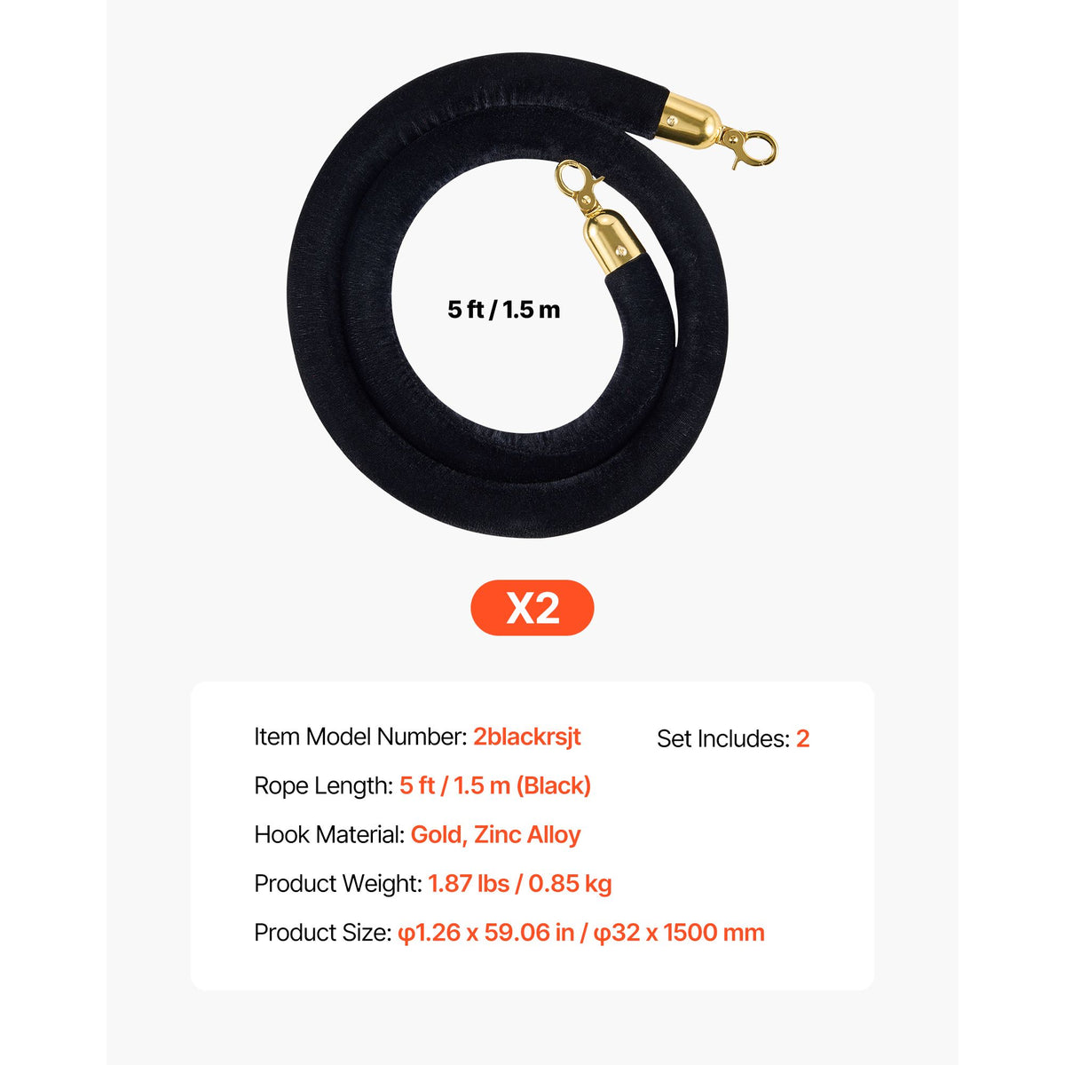 2 Pcs Black Velvet Stanchion Ropes, 1.5 m Crowd Control Stanchion Black Velvet Ropes with Gold Hooks, Post Queue Barrier Carpet Rope for Carpet Events Movie Theaters Grand Openings Hotels Party