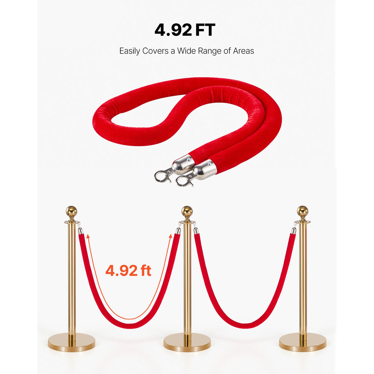 2 Pcs Red Velvet Stanchion Ropes, 1.5 m Crowd Control Stanchion Red Velvet Ropes with Silver Hooks, Post Queue Barrier Carpet Rope for Carpet Events Movie Theaters Grand Openings Hotels Party