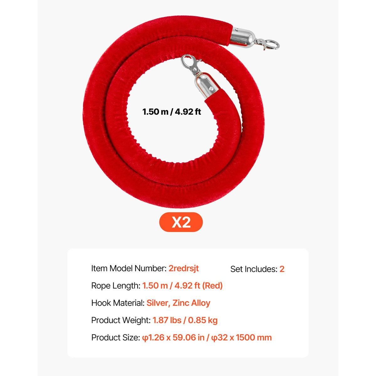 2 Pcs Red Velvet Stanchion Ropes, 1.5 m Crowd Control Stanchion Red Velvet Ropes with Silver Hooks, Post Queue Barrier Carpet Rope for Carpet Events Movie Theaters Grand Openings Hotels Party