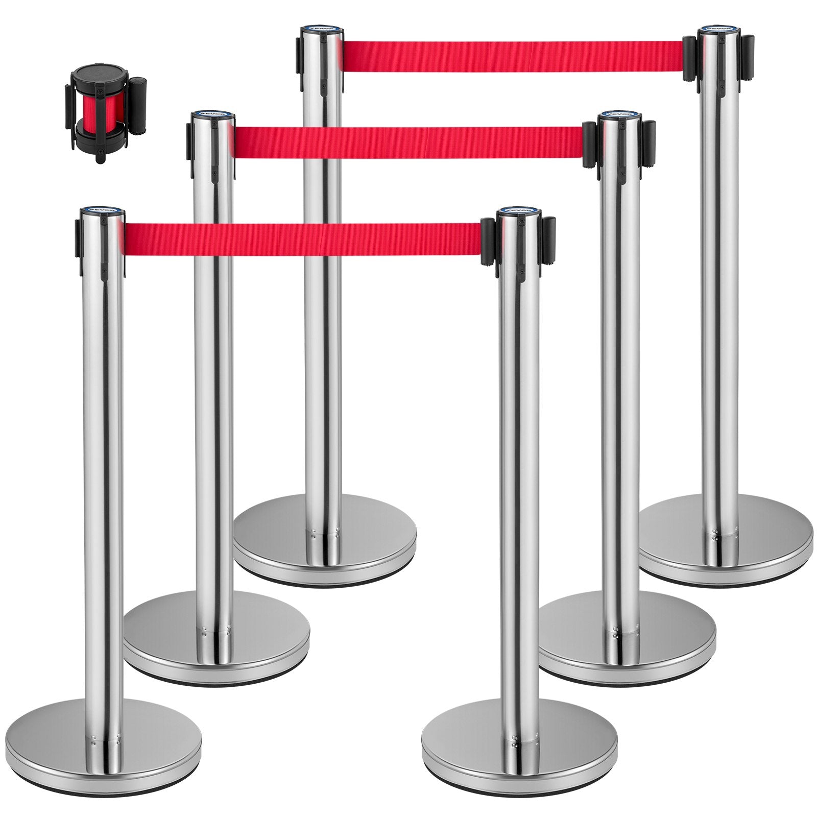 Fencing & Barriers: VEVOR Crowd Control Stanchion, Set of 6 Pieces Stanchion Set, Stanchion Set with 2 m Red Retractable Belt, Crowd Control Barrier with Rubber Base  Easy Connect Assembly for Crowd Control (Silver)