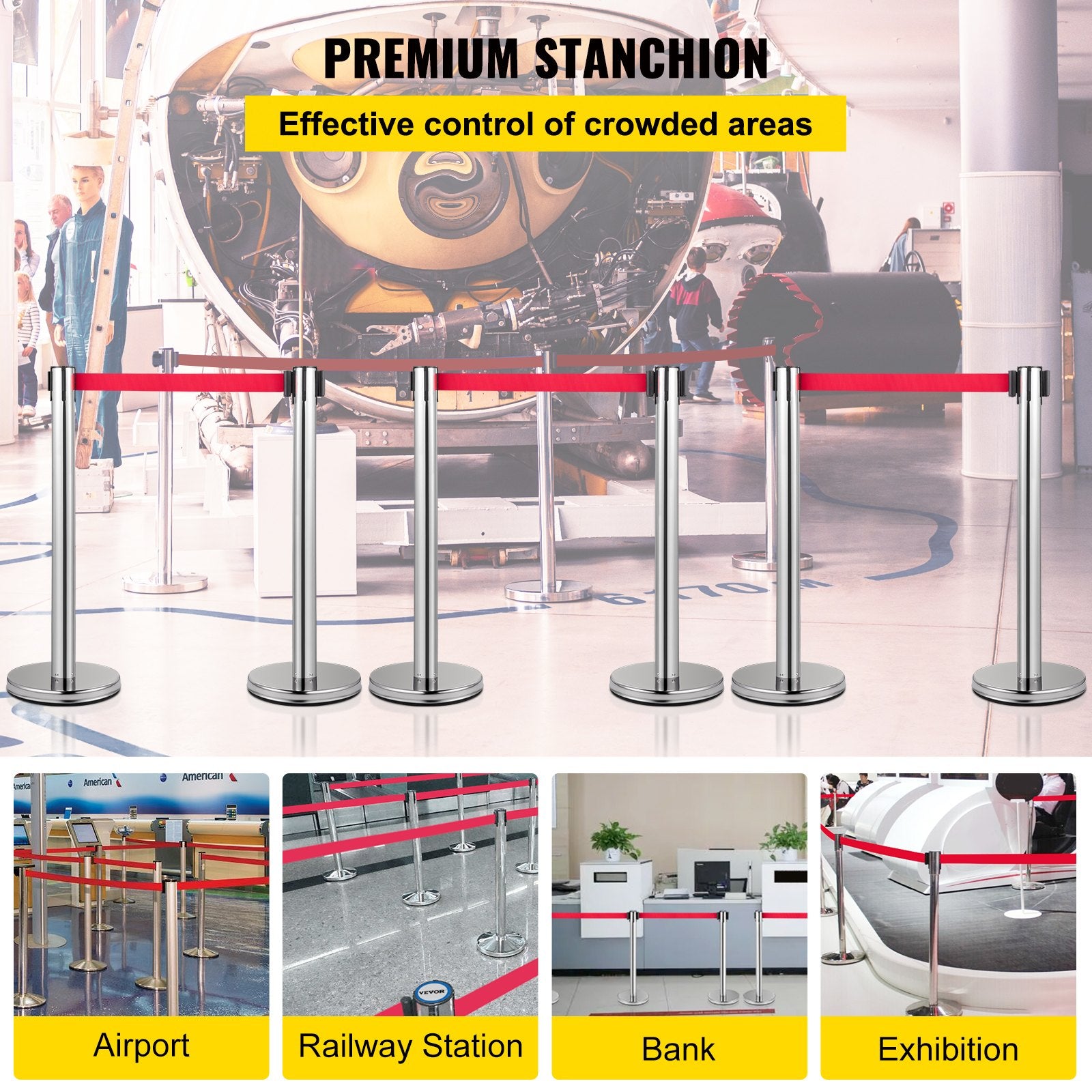 Fencing & Barriers: VEVOR Crowd Control Stanchion, Set of 6 Pieces Stanchion Set, Stanchion Set with 2 m Red Retractable Belt, Crowd Control Barrier with Rubber Base  Easy Connect Assembly for Crowd Control (Silver)