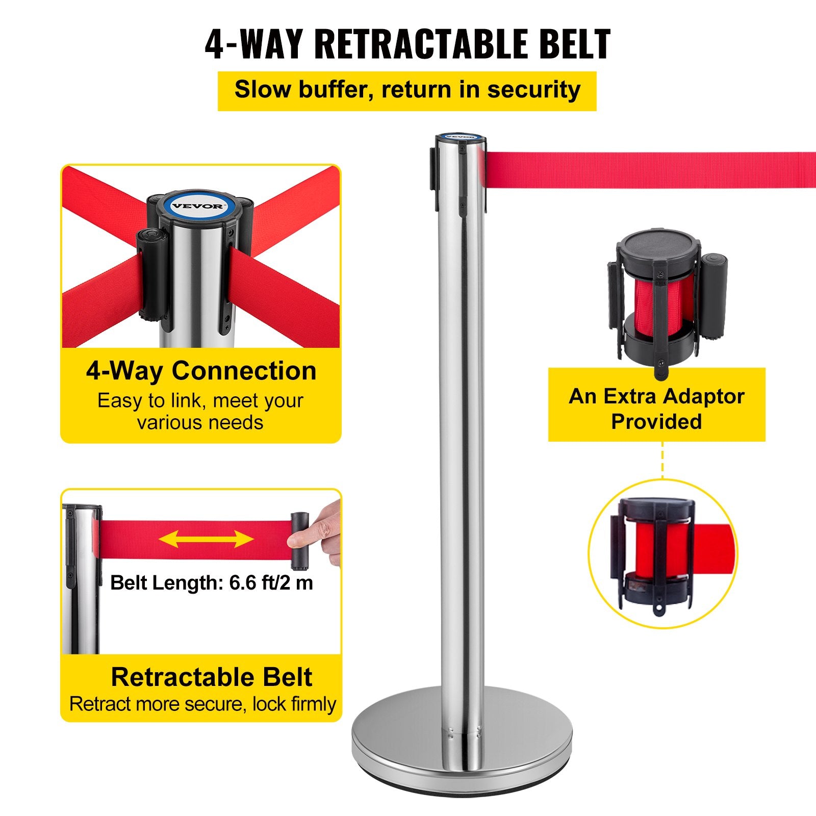 Fencing & Barriers: VEVOR Crowd Control Stanchion, Set of 6 Pieces Stanchion Set, Stanchion Set with 2 m Red Retractable Belt, Crowd Control Barrier with Rubber Base  Easy Connect Assembly for Crowd Control (Silver)