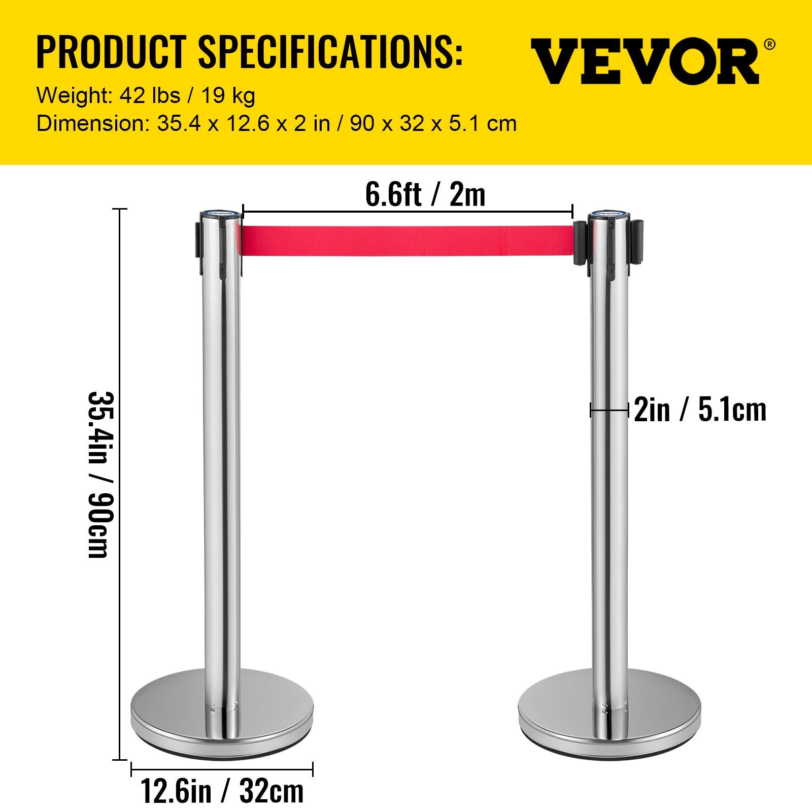 Fencing & Barriers: VEVOR Crowd Control Stanchion, Set of 6 Pieces Stanchion Set, Stanchion Set with 2 m Red Retractable Belt, Crowd Control Barrier with Rubber Base  Easy Connect Assembly for Crowd Control (Silver)
