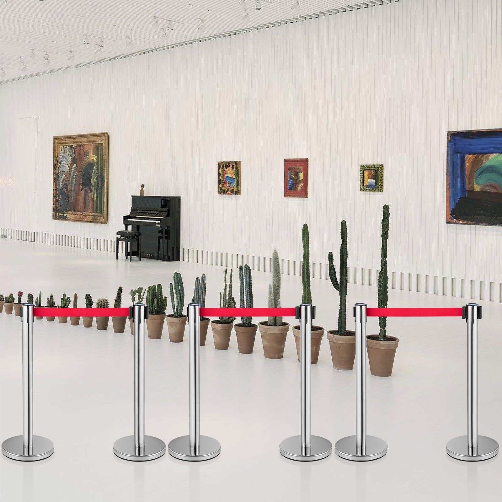 Fencing & Barriers: VEVOR Crowd Control Stanchion, Set of 6 Pieces Stanchion Set, Stanchion Set with 2 m Red Retractable Belt, Crowd Control Barrier with Rubber Base  Easy Connect Assembly for Crowd Control (Silver)