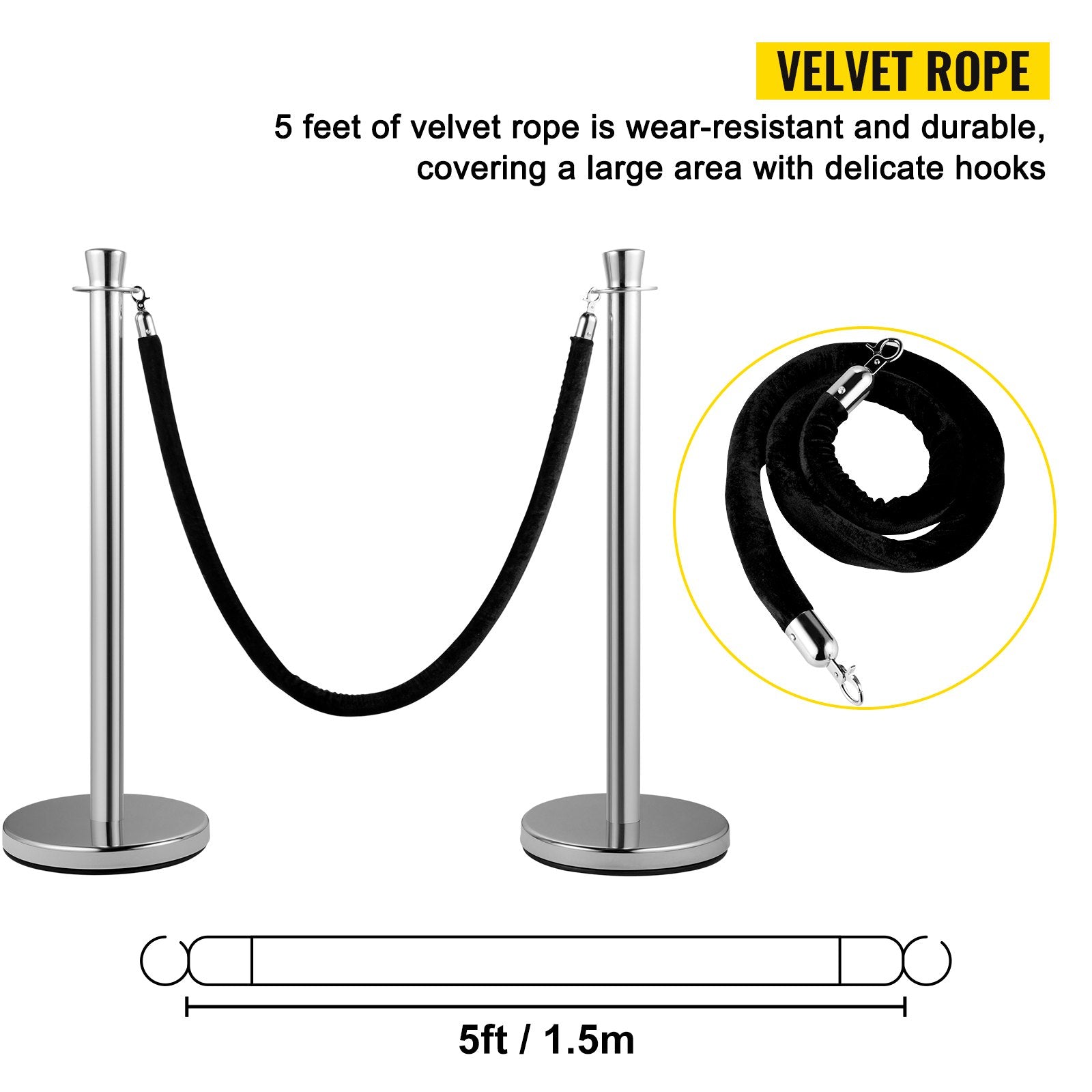 Building Toys: VEVOR Crowd Control Stanchion, Set of 2 Pieces Stanchion Set, Stanchion Set with 5 ft/1.5 m Black Velvet Rope, Silver Crowd Control Barrier with Sturdy Concrete and Metal Base - Easy Connect Assembly