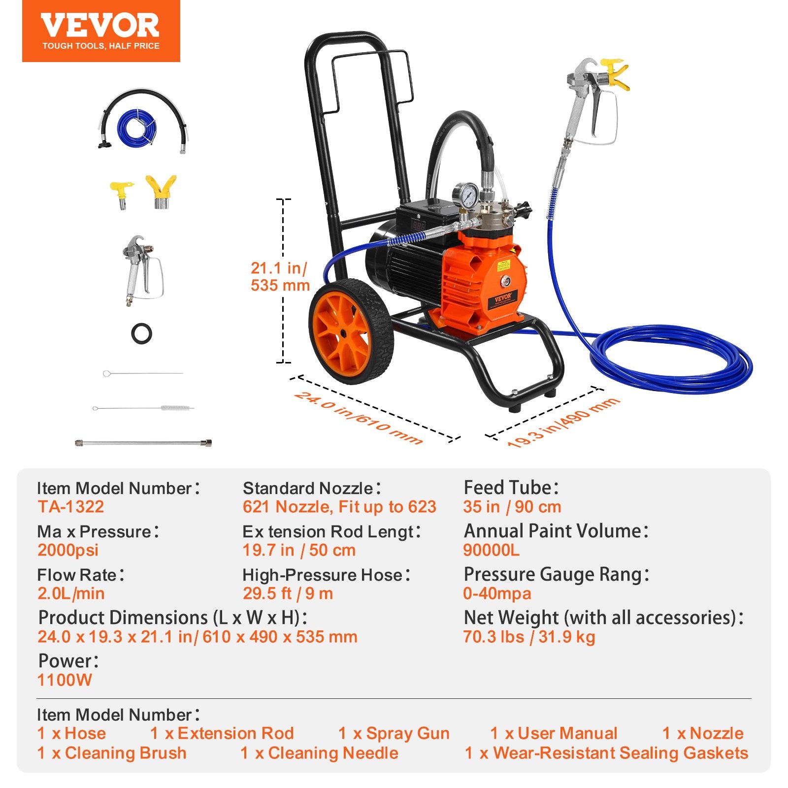 Diaphragm Airless Paint Sprayer, 1100 W Efficiency Cart Airless Paint Sprayer, 2000 psi High Pressure Paint Airless Sprayer, with Extension Bar, for Home Interior and Exterior Spraying