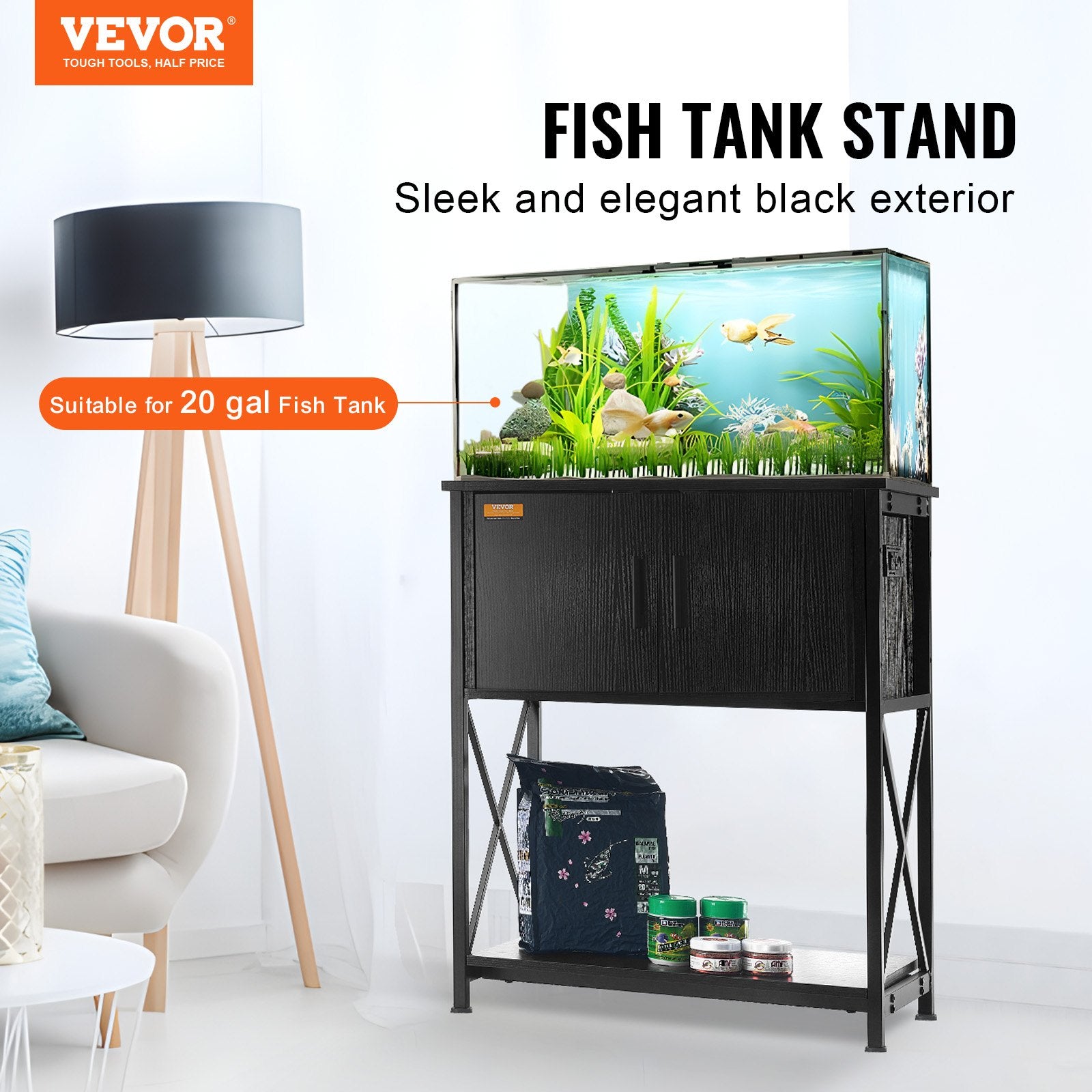 Reptile & Amphibian Habitats: VEVOR Aquarium Stand, 20 Gallon Fish Tank Stand, 25.6 x 16.5 x 31.9 in Steel and MDF Turtle Tank Stand, 167.6 lbs Load Capacity, Reptile Tank Stand with Storage Cabinet and Embedded Power Panel, Black