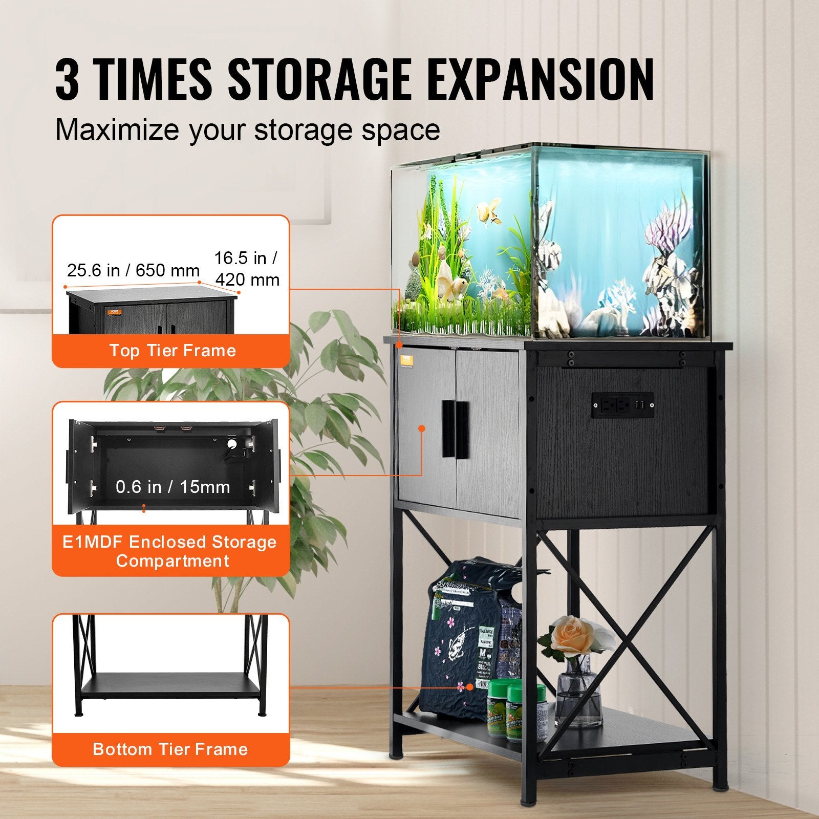 Reptile & Amphibian Habitats: VEVOR Aquarium Stand, 20 Gallon Fish Tank Stand, 25.6 x 16.5 x 31.9 in Steel and MDF Turtle Tank Stand, 167.6 lbs Load Capacity, Reptile Tank Stand with Storage Cabinet and Embedded Power Panel, Black