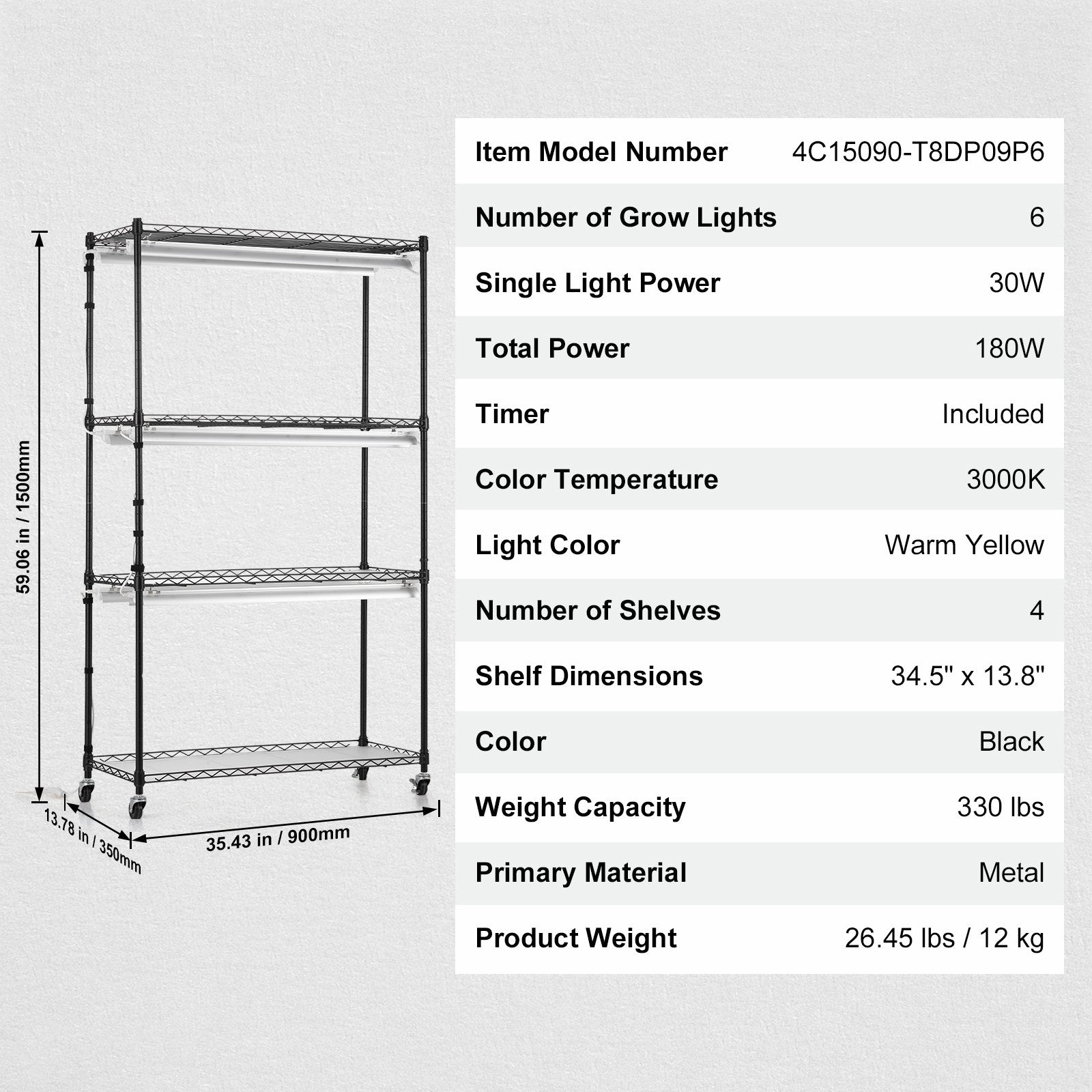 Plant Stand with Grow Lights 4 Tiers 180W 150 cm Tall Plant Grow Shelf