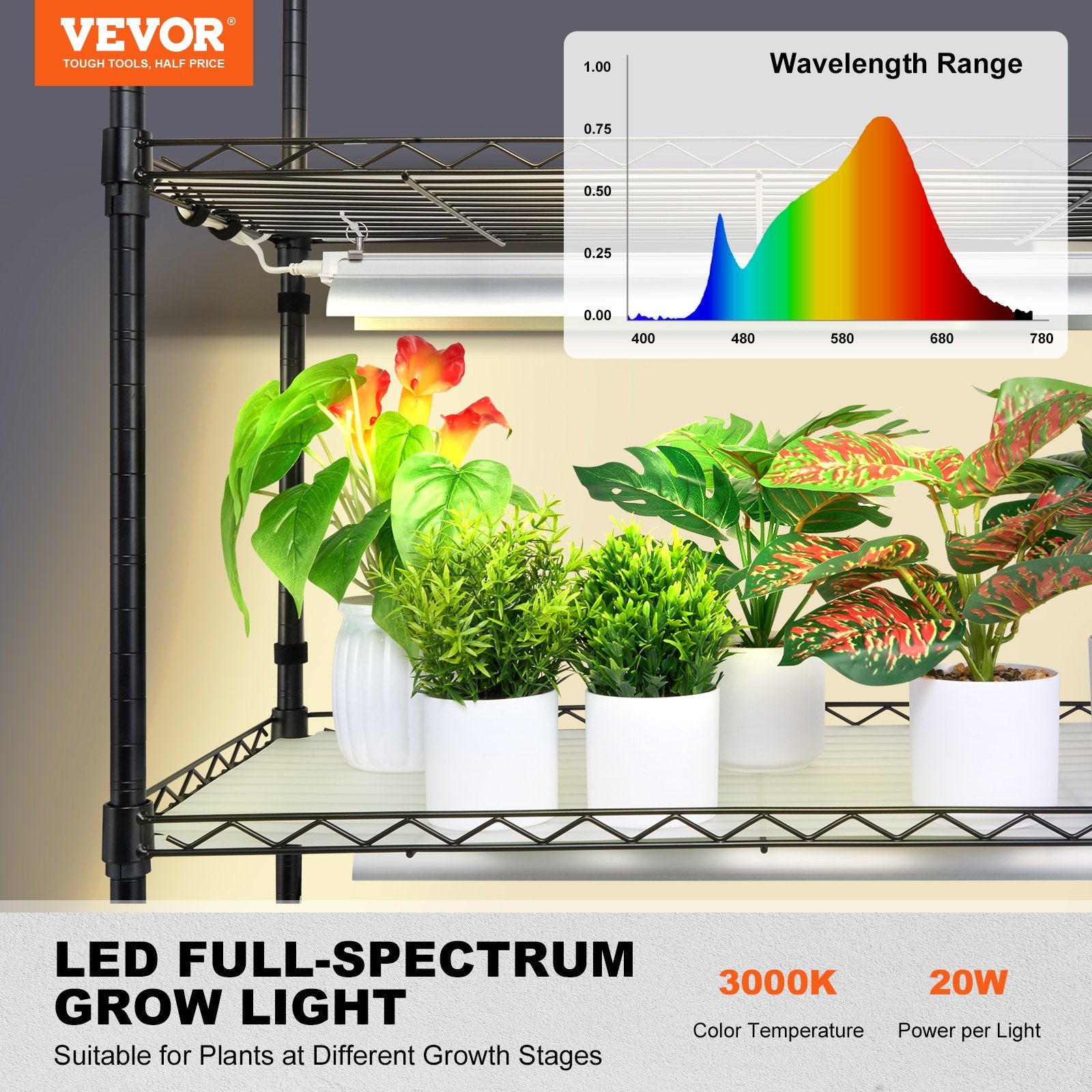 Pots, Planters & Accessories: VEVOR Plant Stand with Grow Light 6 Tiers 200W 59.1" Indoor Plant Grow Shelf