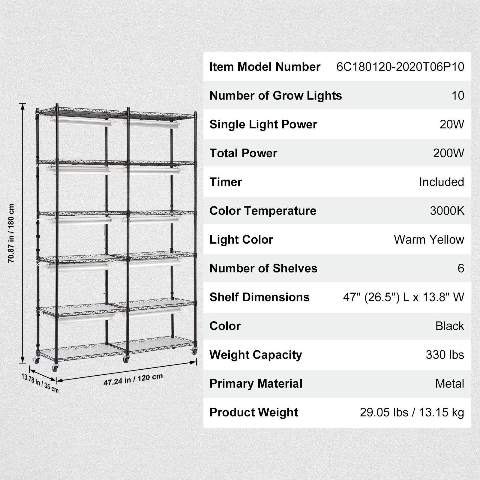 Pots, Planters & Accessories: VEVOR Plant Stand with Grow Light 6 Tiers 200W 59.1" Indoor Plant Grow Shelf