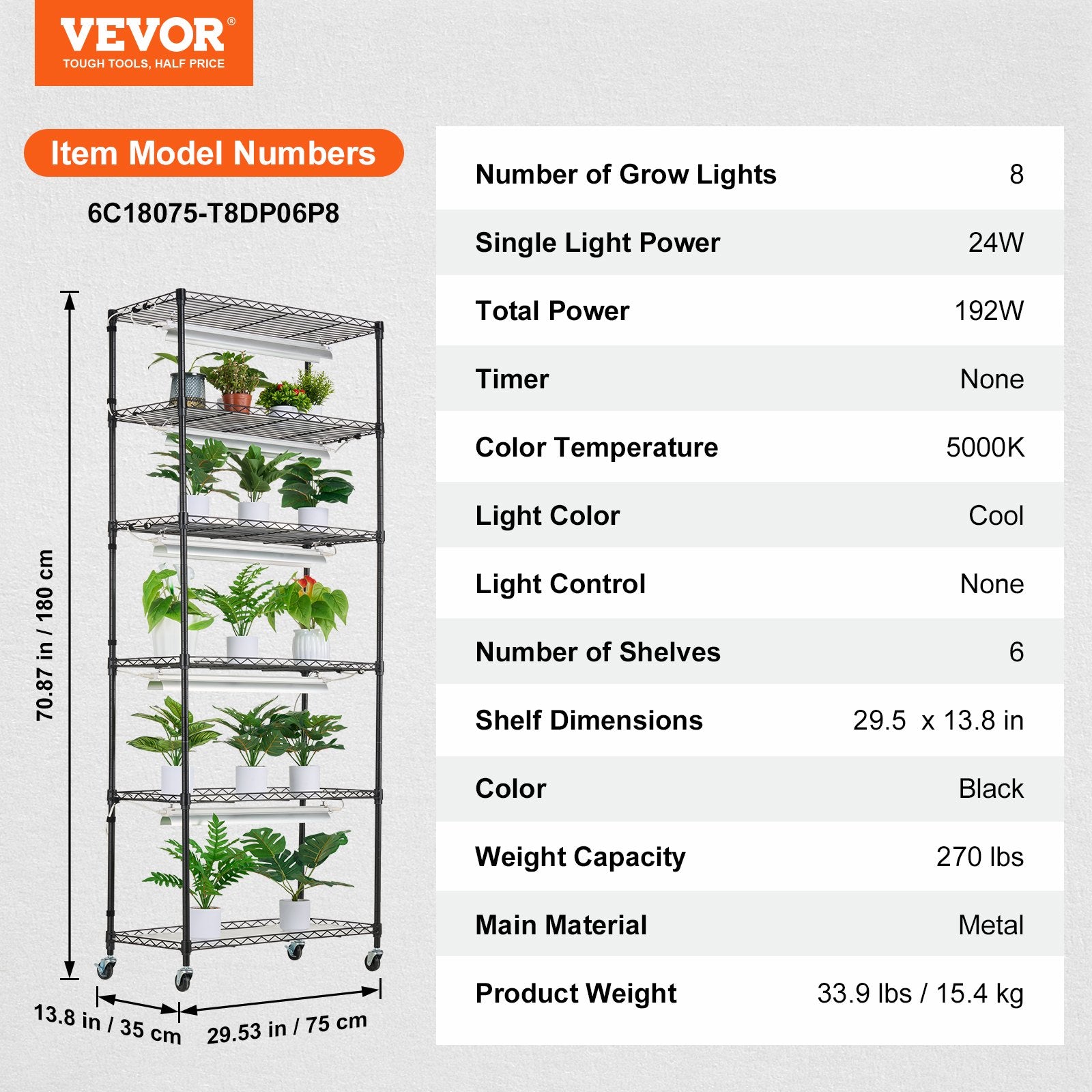 DIY Plant Stand with Grow Lights 6 Tiers 192W 70.9" Tall Plant Grow Shelf