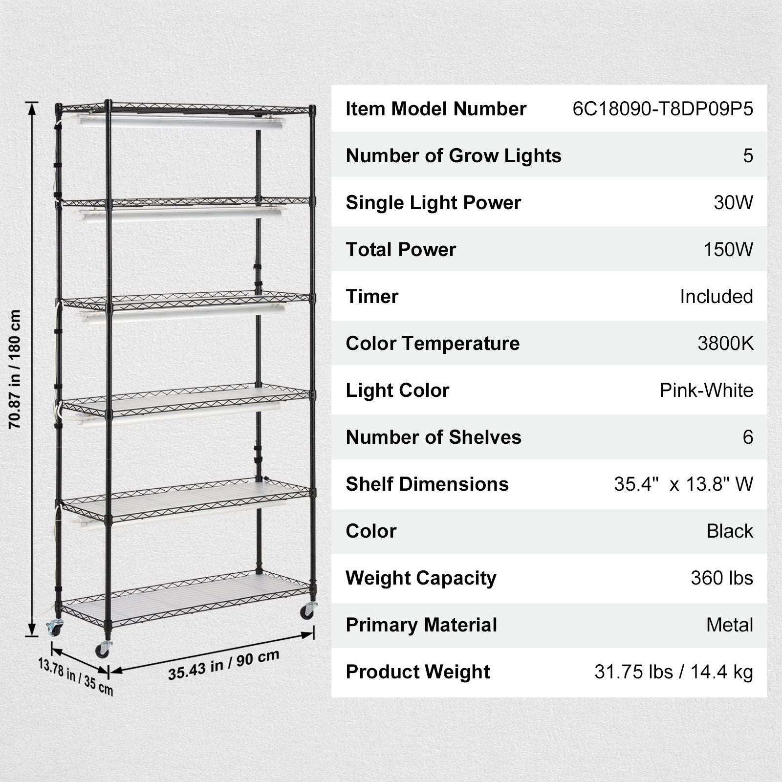 Pots, Planters & Accessories: VEVOR Plant Stand with Grow Light 6 Tiers 180W 180 cm  Indoor Plant Grow Shelf
