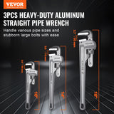 Greenhouses & Accessories: VEVOR 3-Piece Pipe Wrench Set, 10" 14" 18" Aluminum Straight Pipe Wrench, Adjustable Plumbing Wrench, with High Strength Jaw and Ergonomic Handle, Hangable Design, for Water Pipes, Automotive Repairs