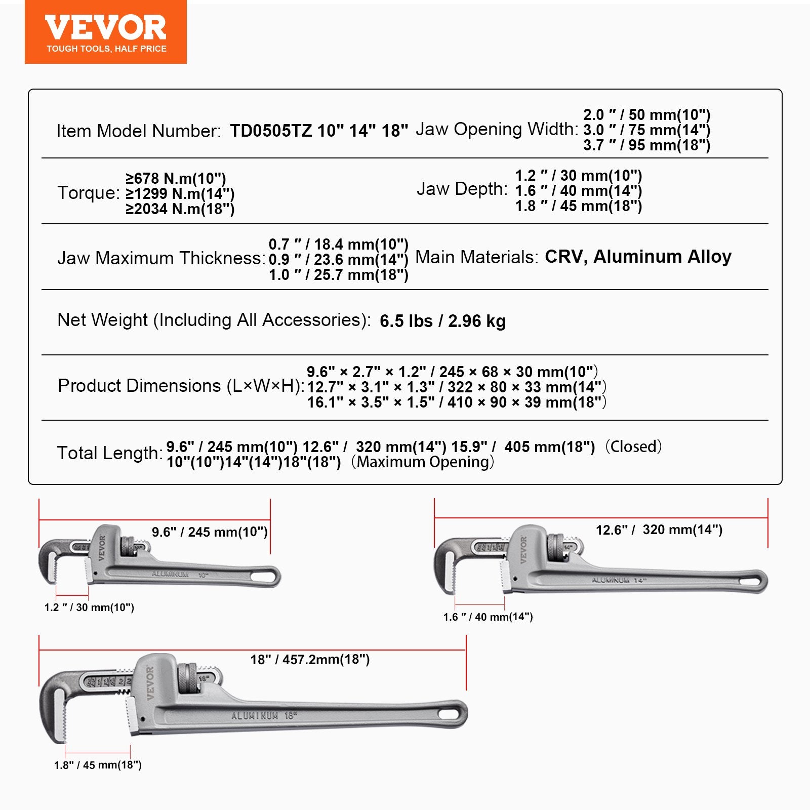 3-Piece Pipe Wrench Set, 10" 14" 18" Aluminum Straight Pipe Wrench, Adjustable Plumbing Wrench, with High Strength Jaw and Ergonomic Handle, Hangable Design, for Water Pipes, Automotive Repairs