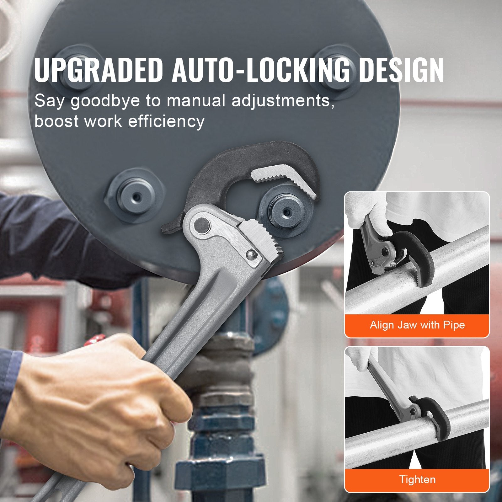 Greenhouses & Accessories: VEVOR Pipe Wrench, 14" Aluminum Straight Pipe Wrench, Automatic Jaw Adjustment, Adjustable Plumbing Wrench, Easy to Carry, Ergonomic Handle, Hangable Design, for Water Pipes, Automotive Repairs