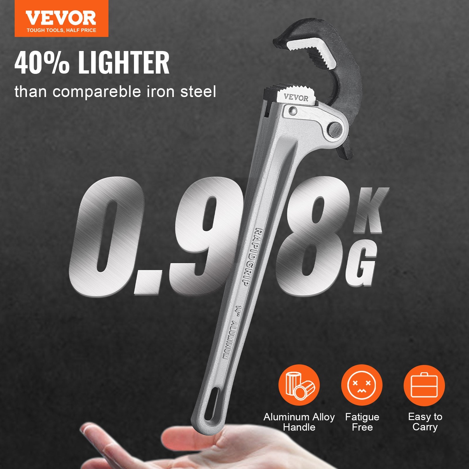 Greenhouses & Accessories: VEVOR Pipe Wrench, 14" Aluminum Straight Pipe Wrench, Automatic Jaw Adjustment, Adjustable Plumbing Wrench, Easy to Carry, Ergonomic Handle, Hangable Design, for Water Pipes, Automotive Repairs