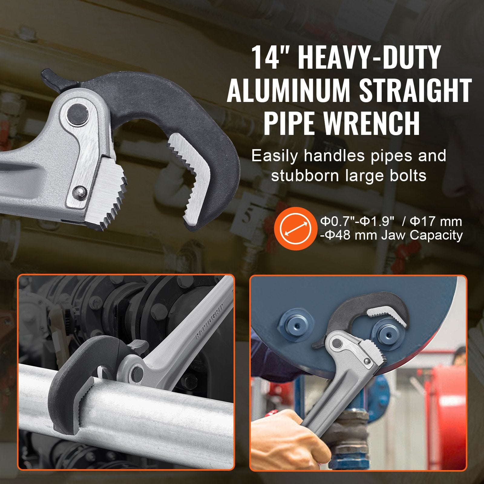 Greenhouses & Accessories: VEVOR Pipe Wrench, 14" Aluminum Straight Pipe Wrench, Automatic Jaw Adjustment, Adjustable Plumbing Wrench, Easy to Carry, Ergonomic Handle, Hangable Design, for Water Pipes, Automotive Repairs