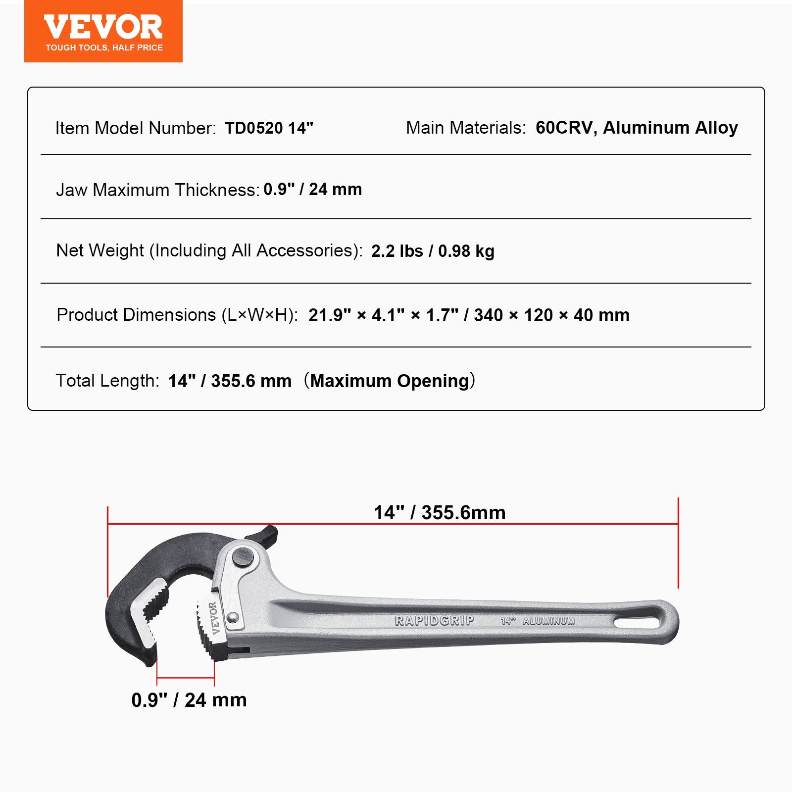 Greenhouses & Accessories: VEVOR Pipe Wrench, 14" Aluminum Straight Pipe Wrench, Automatic Jaw Adjustment, Adjustable Plumbing Wrench, Easy to Carry, Ergonomic Handle, Hangable Design, for Water Pipes, Automotive Repairs