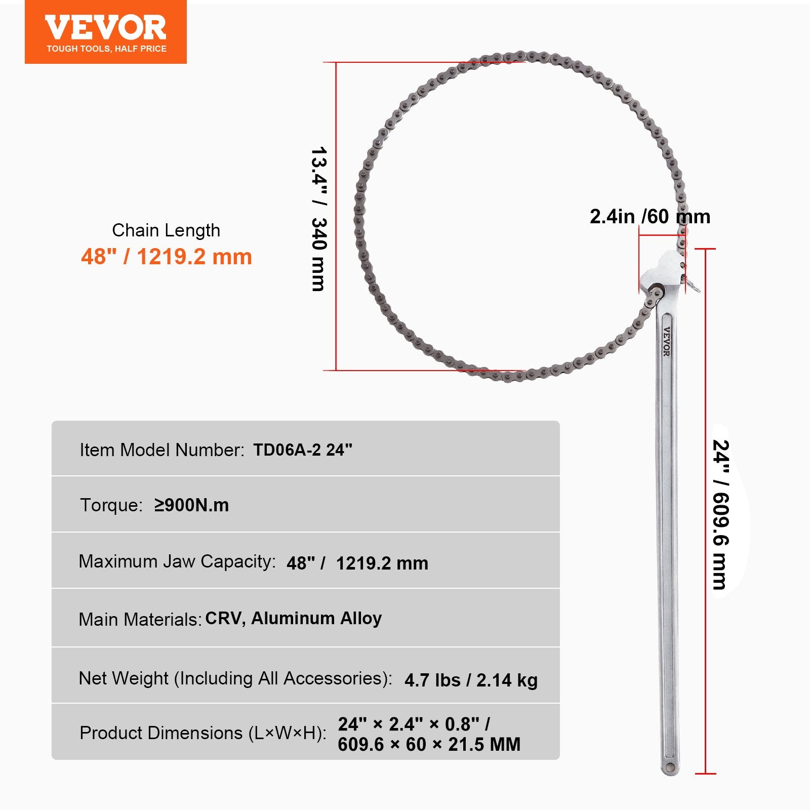 Greenhouses & Accessories: VEVOR Chain Wrench, 48 inch Chain Pipe Wrench, 13.4 inch Diameter Capacity, CRV Reversible Pipe Fitting Tool Wrench with High Strength Jaw and Ergonomic Handle, for Pipe Installation and Car Repair