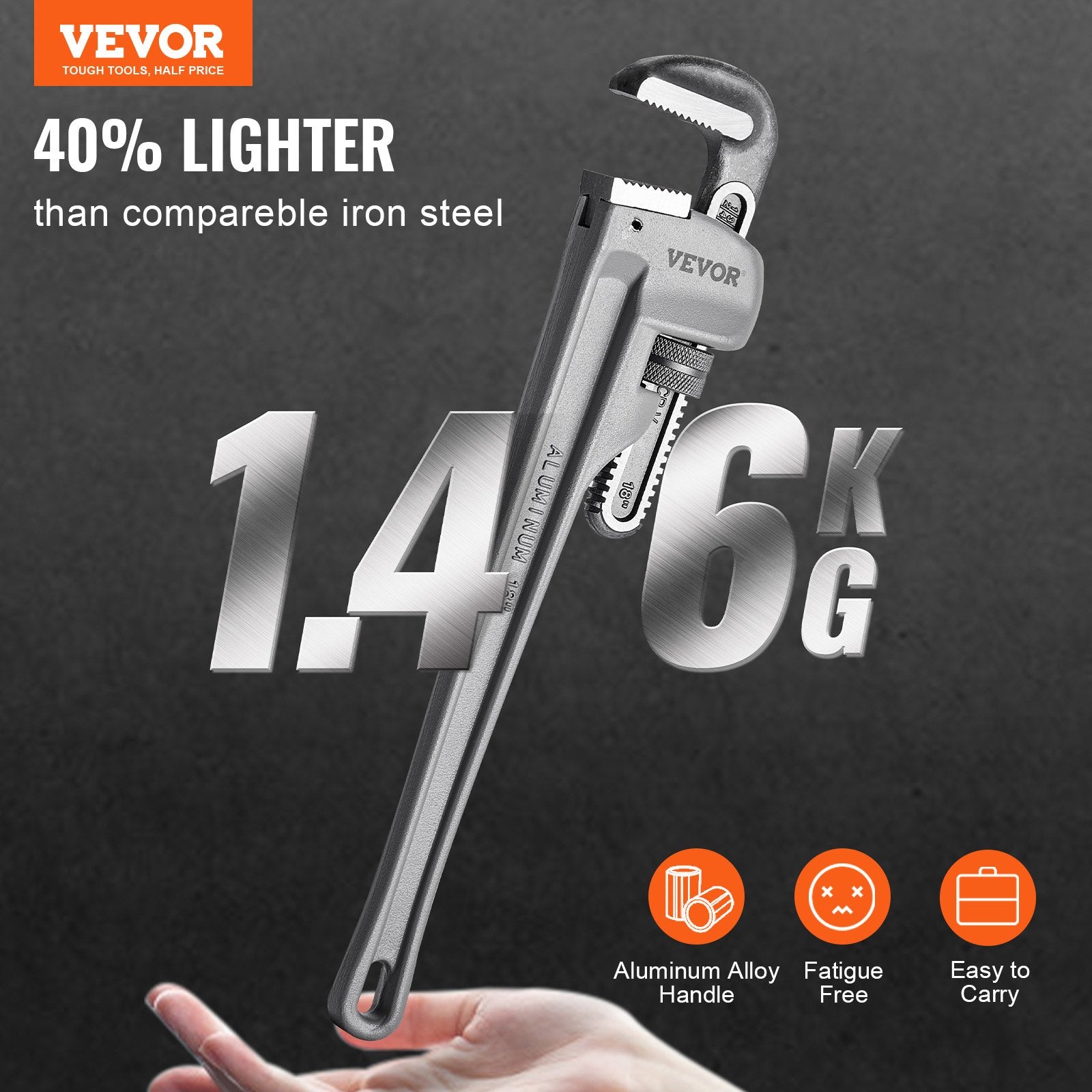 Greenhouses & Accessories: VEVOR Pipe Wrench, 18" Aluminum Straight Pipe Wrench, Adjustable Plumbing Wrench, with High Strength Jaw and Ergonomic Handle, Easy to Carry, Hangable Design, for Water Pipes, Automotive Repairs