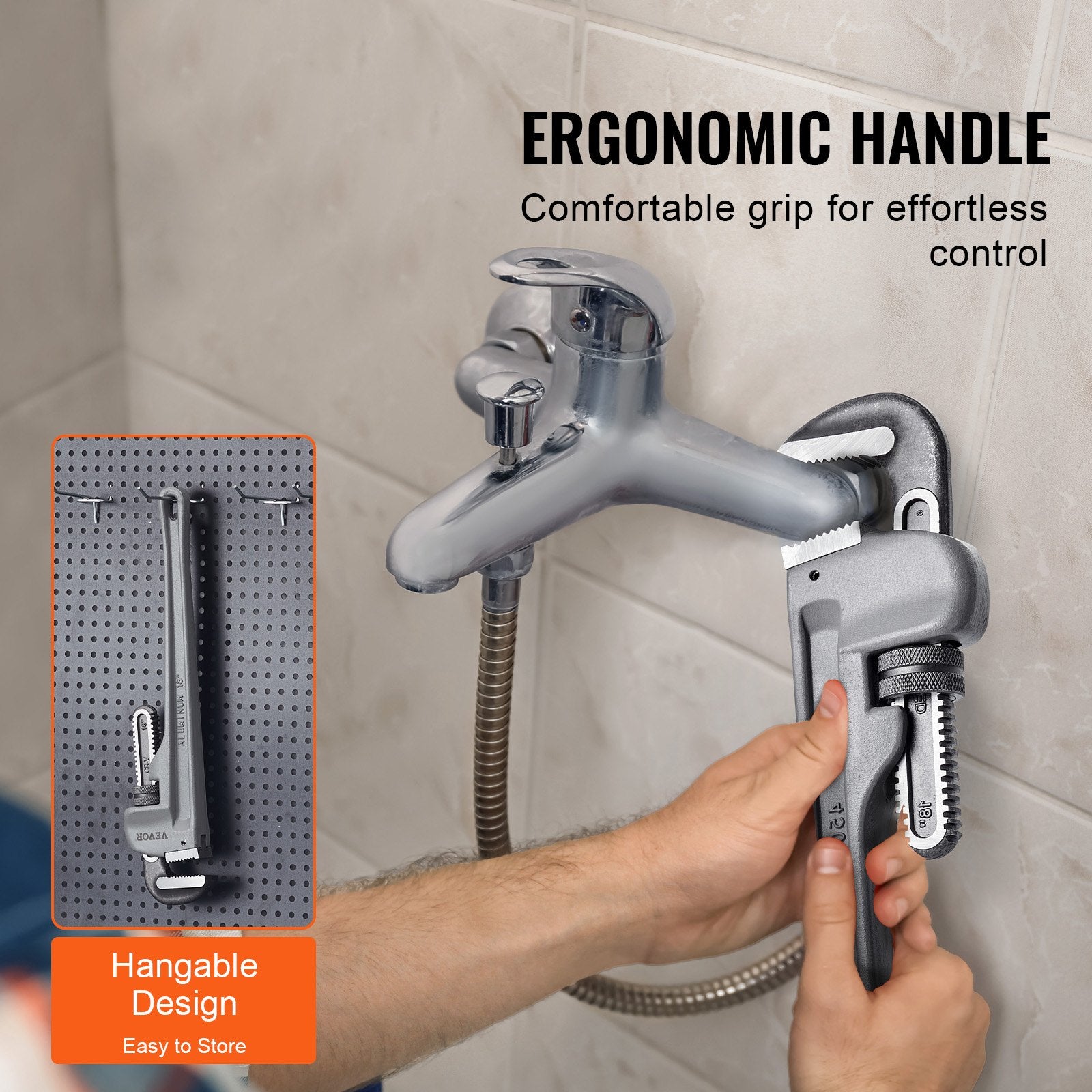 Greenhouses & Accessories: VEVOR Pipe Wrench, 18" Aluminum Straight Pipe Wrench, Adjustable Plumbing Wrench, with High Strength Jaw and Ergonomic Handle, Easy to Carry, Hangable Design, for Water Pipes, Automotive Repairs