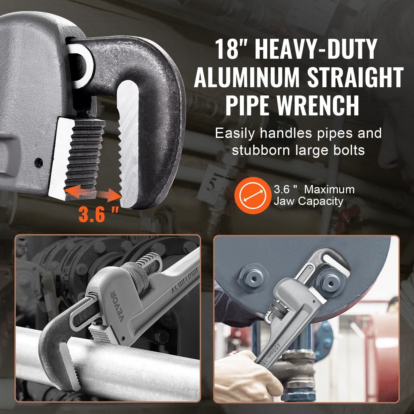 Greenhouses & Accessories: VEVOR Pipe Wrench, 18" Aluminum Straight Pipe Wrench, Adjustable Plumbing Wrench, with High Strength Jaw and Ergonomic Handle, Easy to Carry, Hangable Design, for Water Pipes, Automotive Repairs