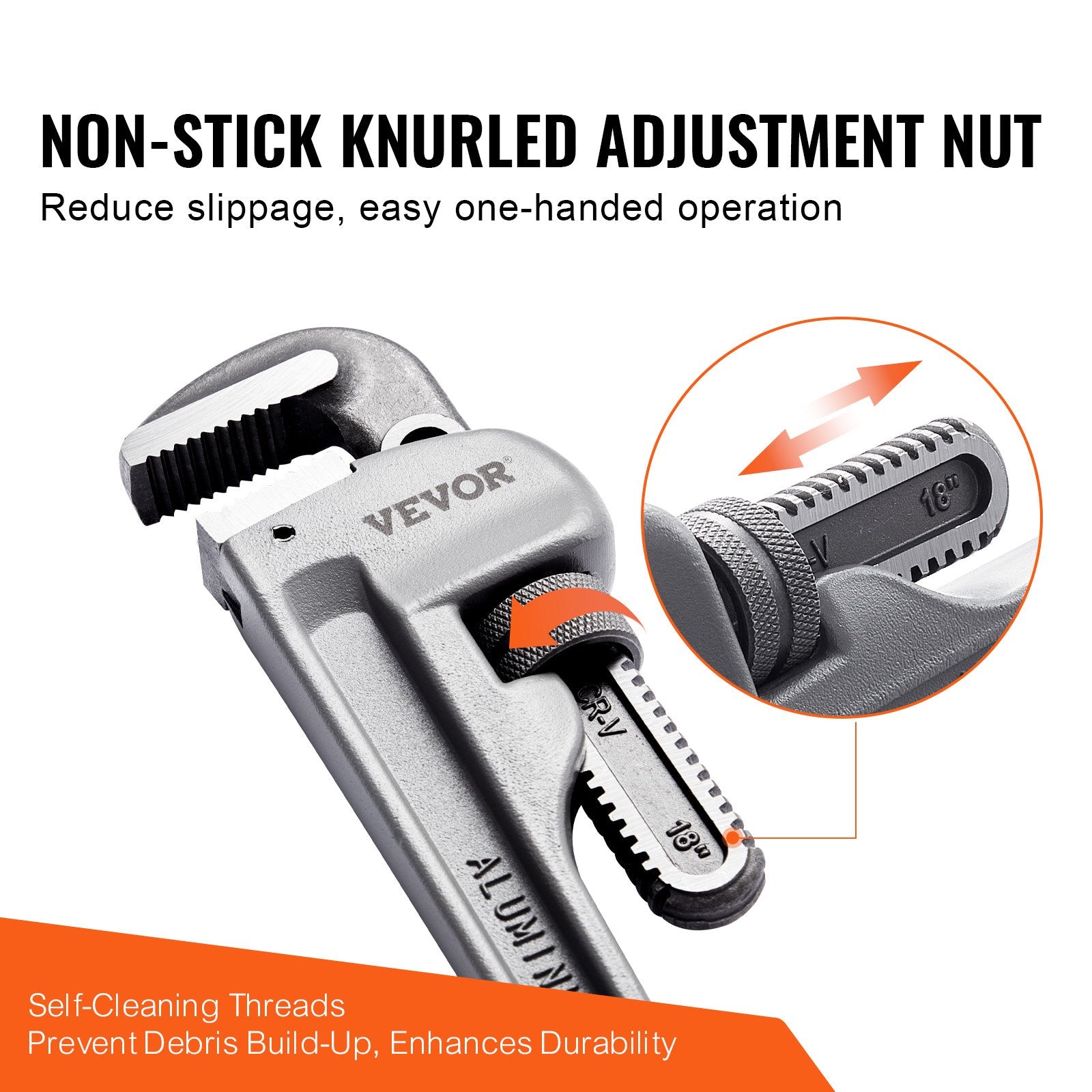 Greenhouses & Accessories: VEVOR Pipe Wrench, 18" Aluminum Straight Pipe Wrench, Adjustable Plumbing Wrench, with High Strength Jaw and Ergonomic Handle, Easy to Carry, Hangable Design, for Water Pipes, Automotive Repairs