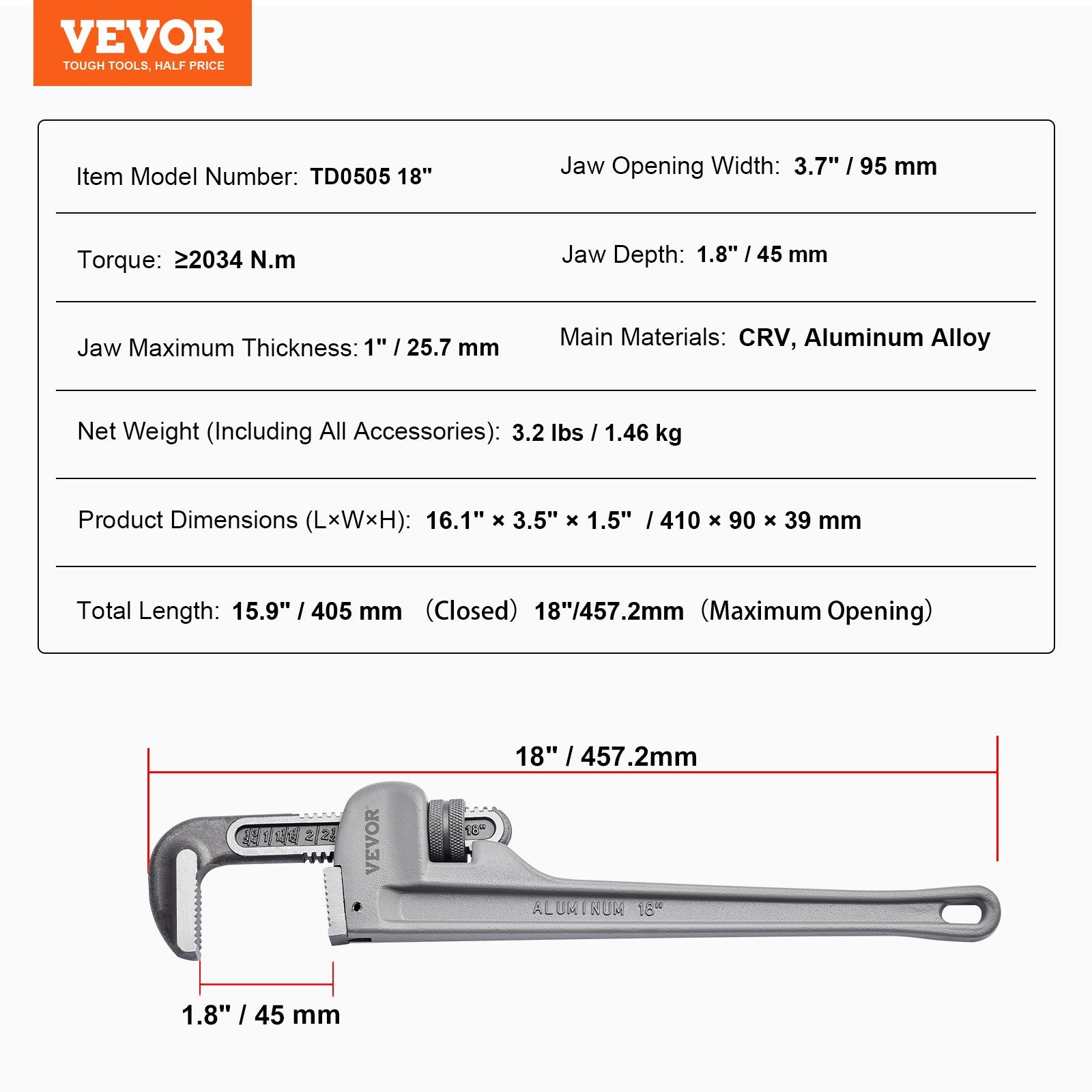 Greenhouses & Accessories: VEVOR Pipe Wrench, 18" Aluminum Straight Pipe Wrench, Adjustable Plumbing Wrench, with High Strength Jaw and Ergonomic Handle, Easy to Carry, Hangable Design, for Water Pipes, Automotive Repairs