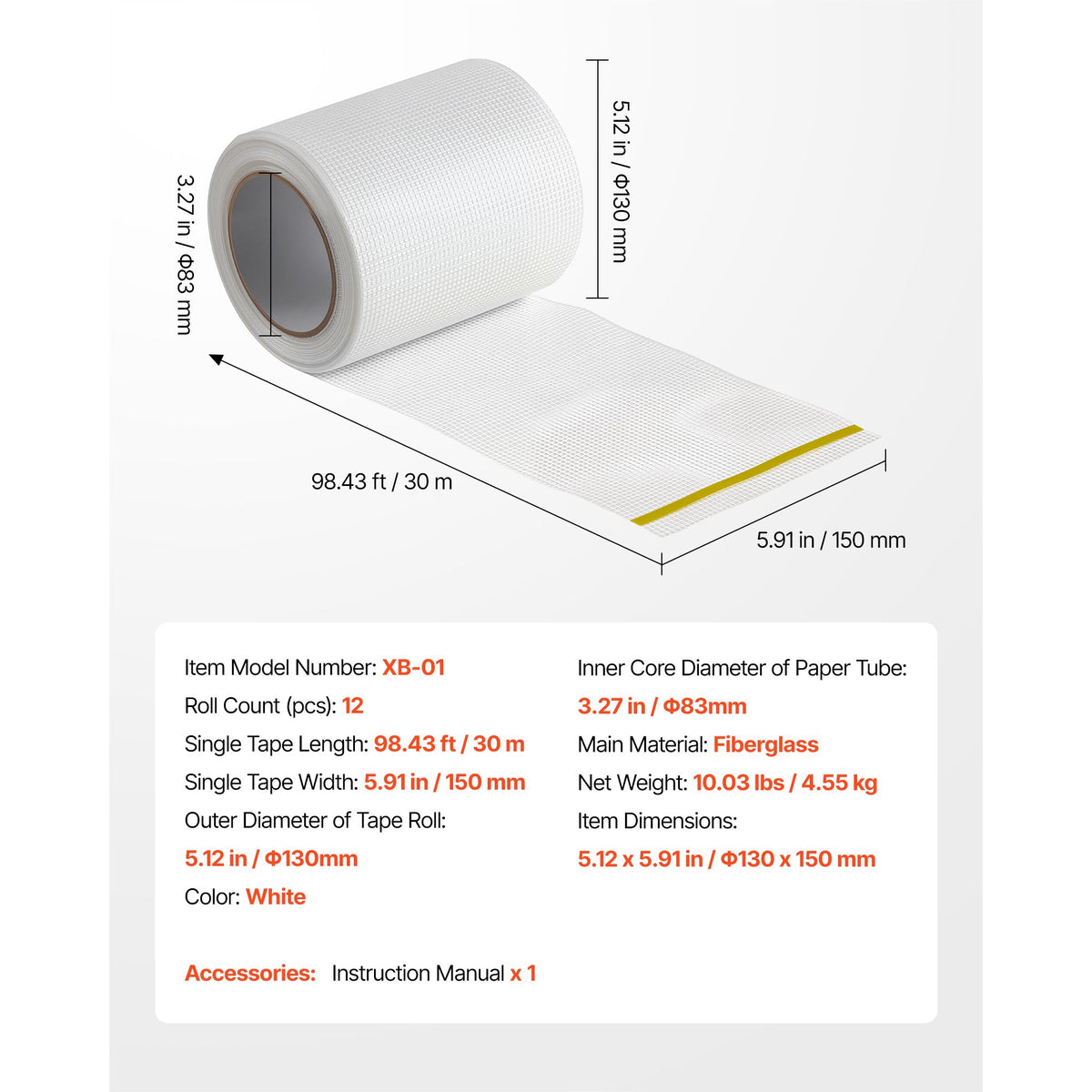 Drywall Mesh Tape, 150mm W x 30m L Self-Adhesive Fiberglass Drywall Joint Tape, 12 Rolls Dry Wall Patch for Easy Sheetrock Ceiling Crack Repair, to Achieve Smooth Even Wall Surface