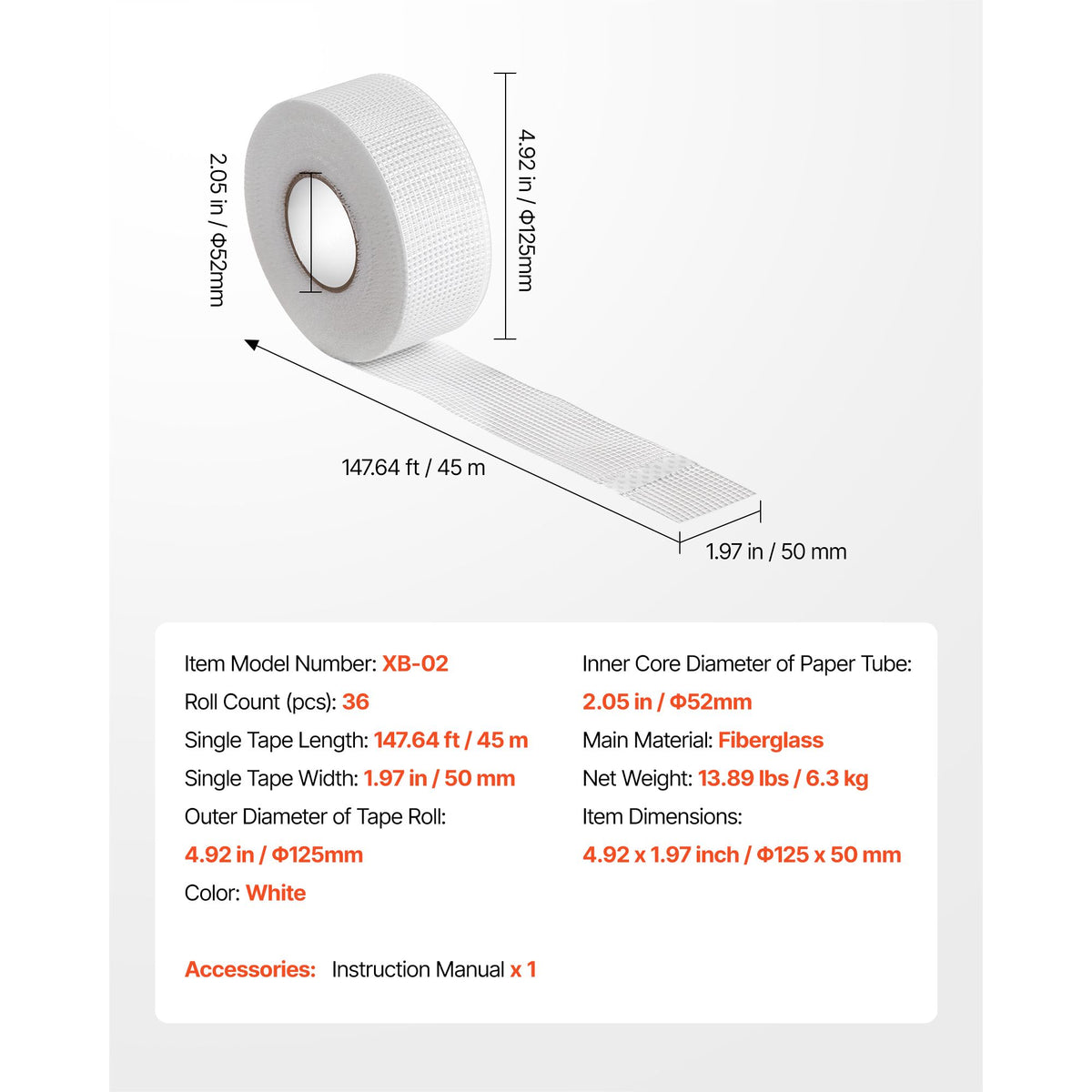Drywall Mesh Tape, 50mm W x 45m L Self-Adhesive Fiberglass Drywall Joint Tape, 36 Rolls Dry Wall Patch for Easy Sheetrock Ceiling Crack Repair, to Achieve Smooth Even Wall Surface