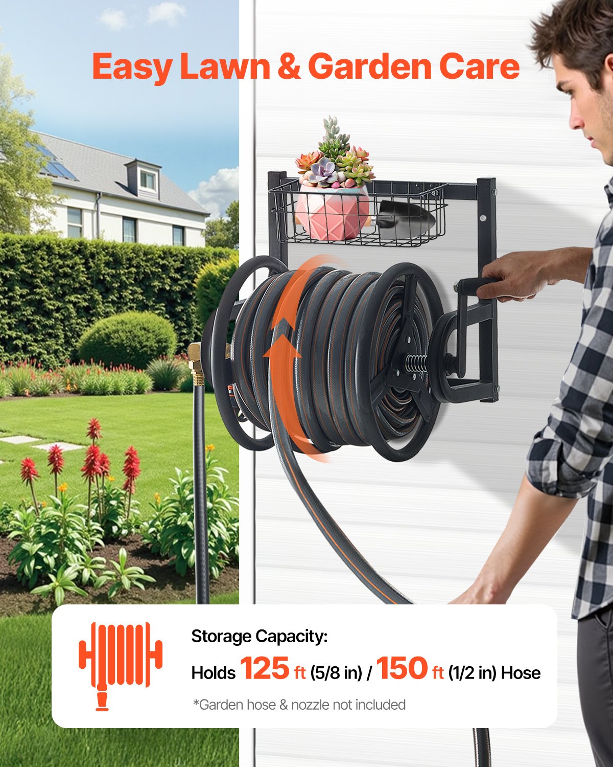 Wall Mounted Garden Hose Reel 125ft 5/8 in Metal Hose Reel with Basket