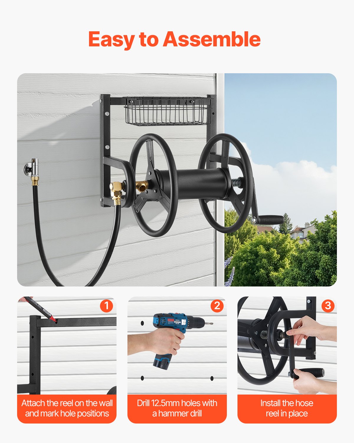 Wall Mounted Garden Hose Reel 125ft 5/8 in Metal Hose Reel with Basket