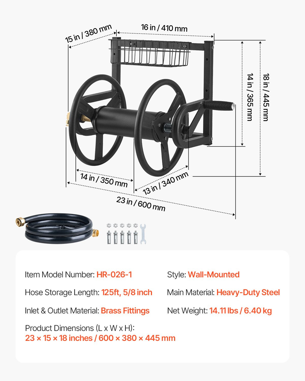 Wall Mounted Garden Hose Reel 125ft 5/8 in Metal Hose Reel with Basket