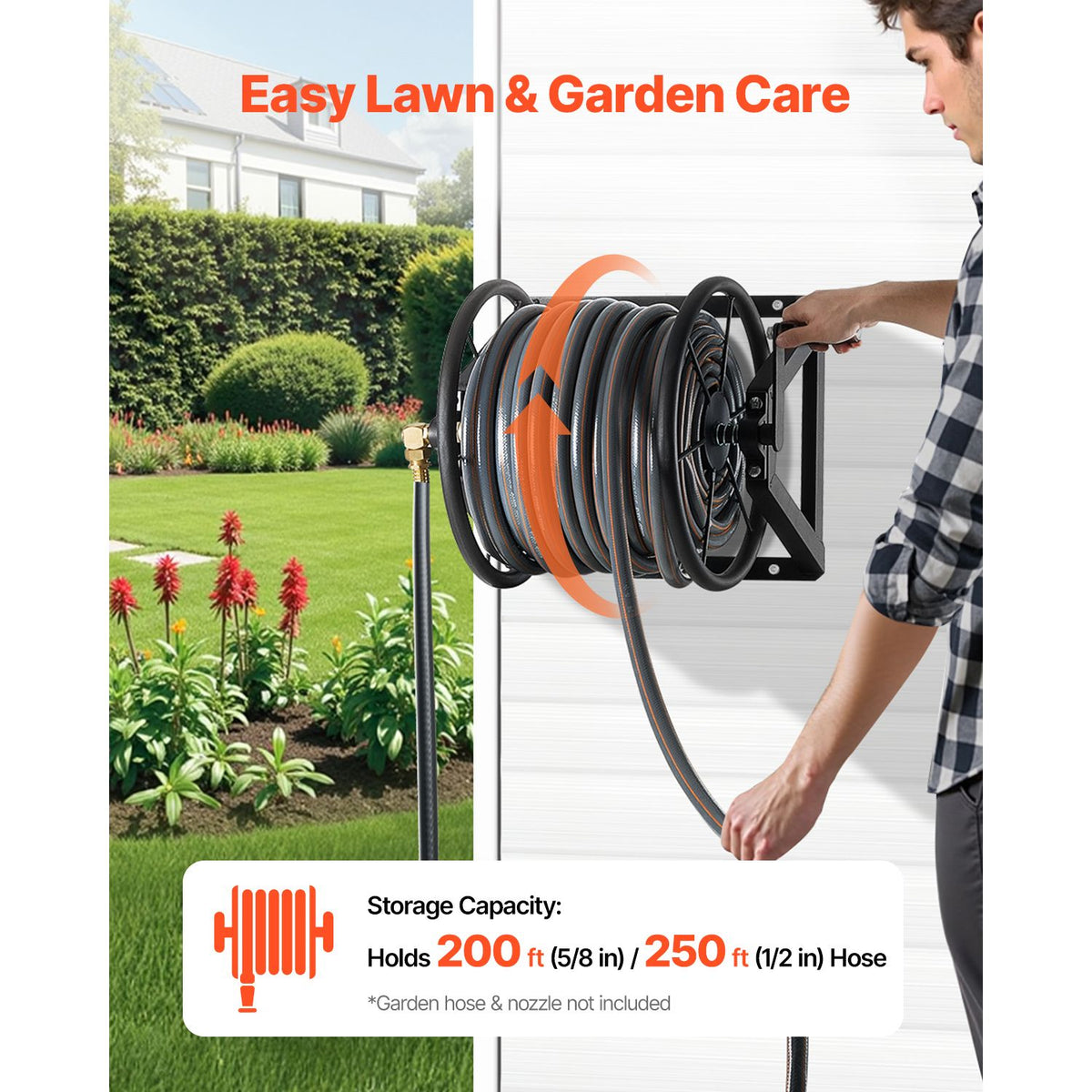 Wall Mounted Garden Hose Reel, Holds 200 ft 5/8-inch Manual Water Hose Winder, Heavy-Duty Steel, Outdoor Reel with Brass Fitting & 5ft Leader Hose, Space Saving, for Yard Lawn Garage