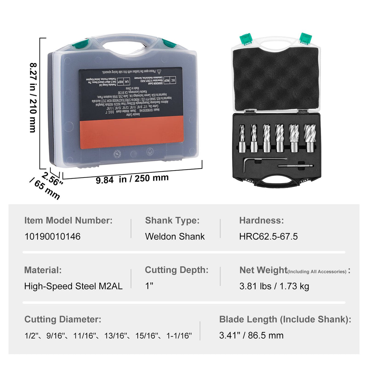 Annular Cutter Set, 6 pcs Weldon Shank Mag Drill Bits, 1" Cutting Depth, 1/2" to 1-1/16" Cutting Diameter, M2AL High-Speed Steel, with Pilot Pin and Portable Case, for Using with Magnetic Drills