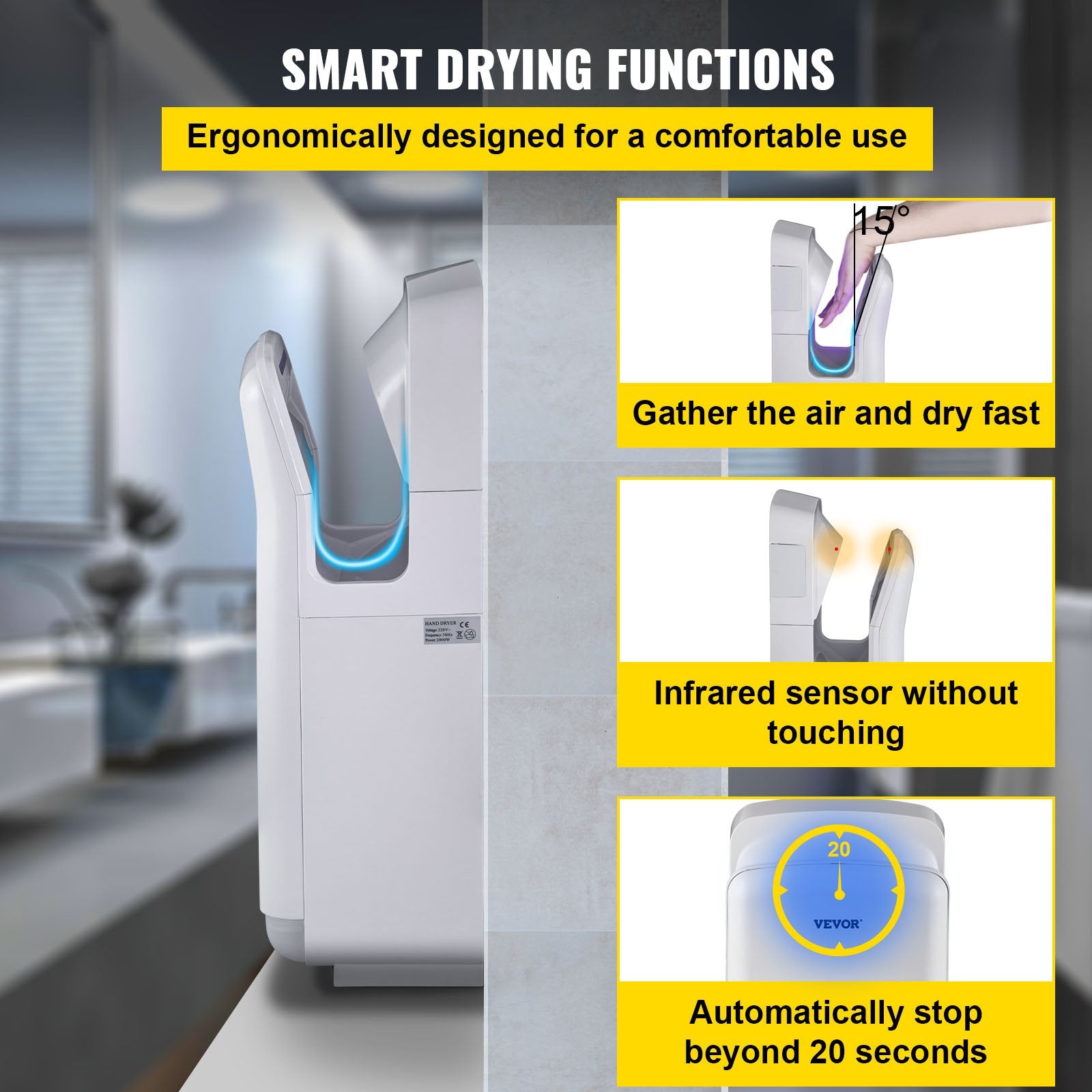 Automotive Cleaning: VEVOR Jet Hand Dryer Blade Hand Dryer Automatic High Speed for Washroom White