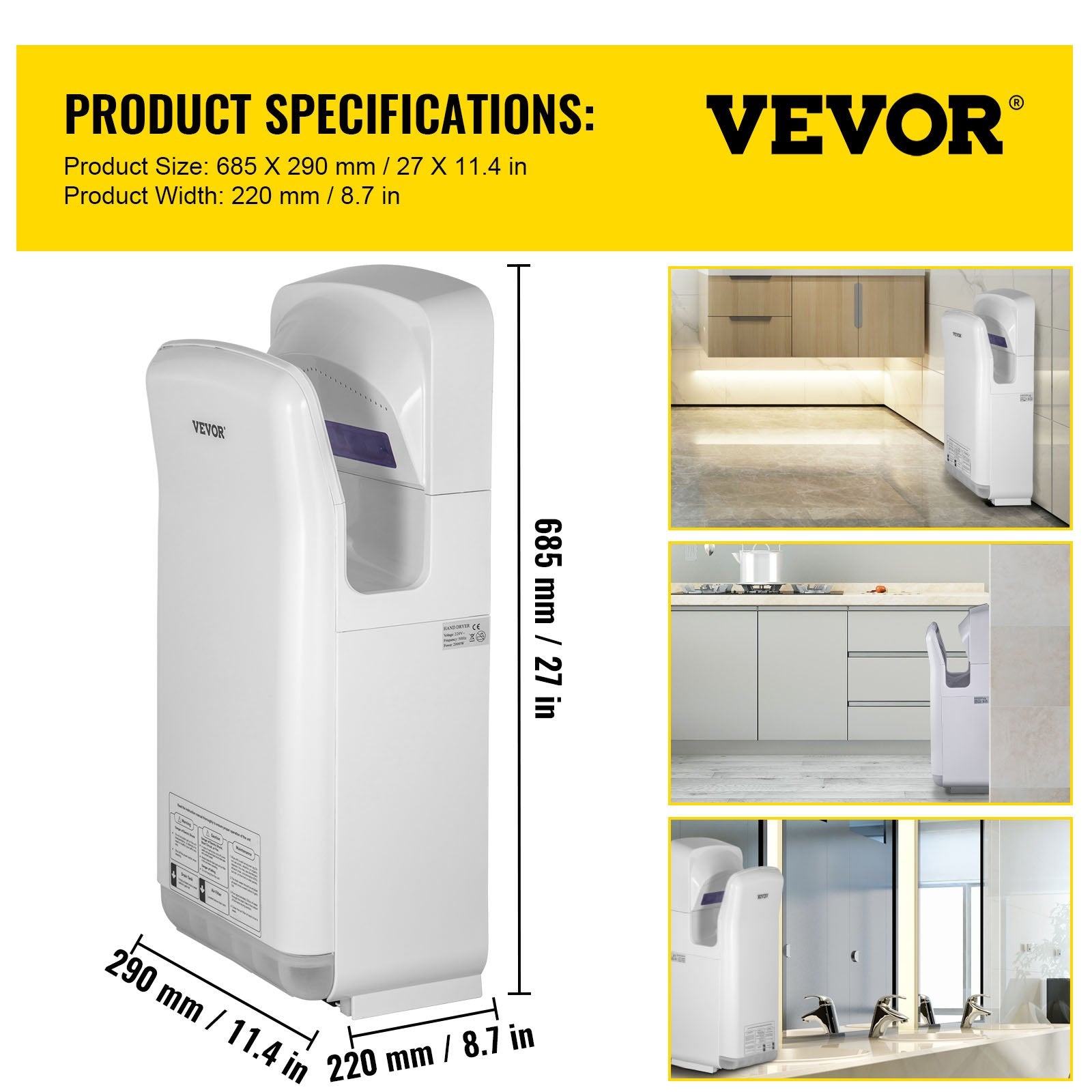 Automotive Cleaning: VEVOR Jet Hand Dryer Blade Hand Dryer Automatic High Speed for Washroom White