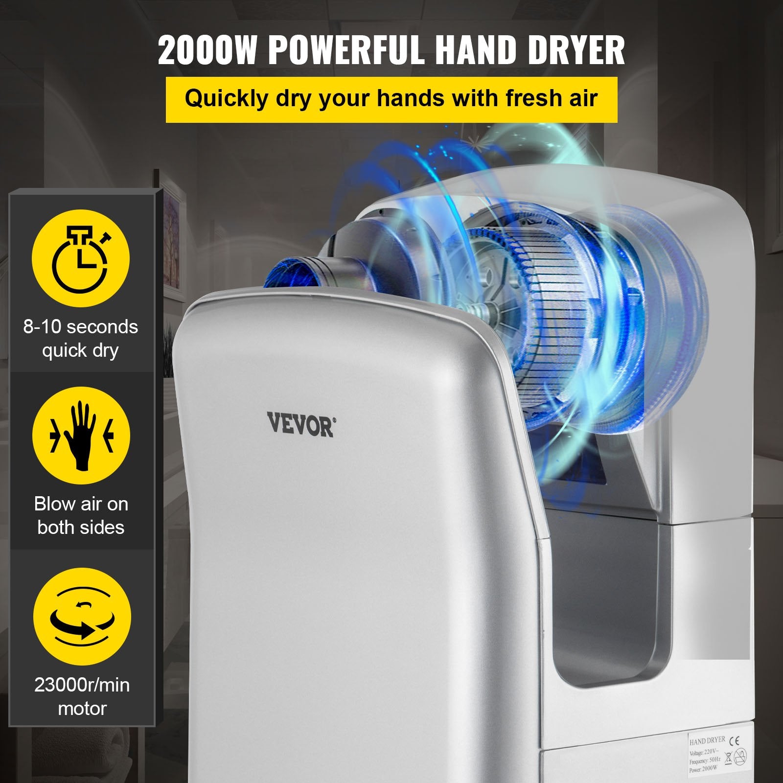 Automotive Cleaning: VEVOR Jet Hand Dryer Blade Hand Dryer Automatic High Speed for Washroom Silver