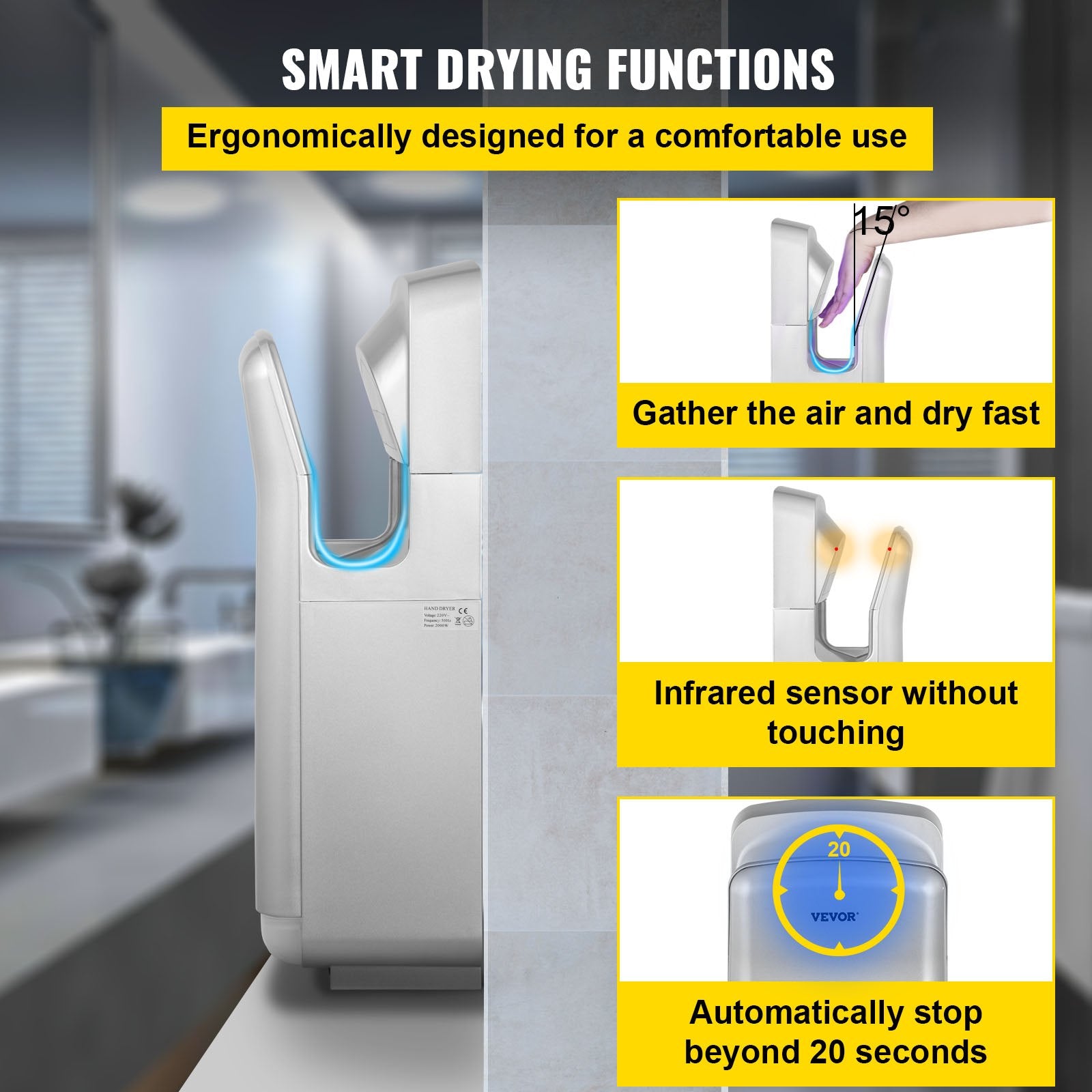 Automotive Cleaning: VEVOR Jet Hand Dryer Blade Hand Dryer Automatic High Speed for Washroom Silver