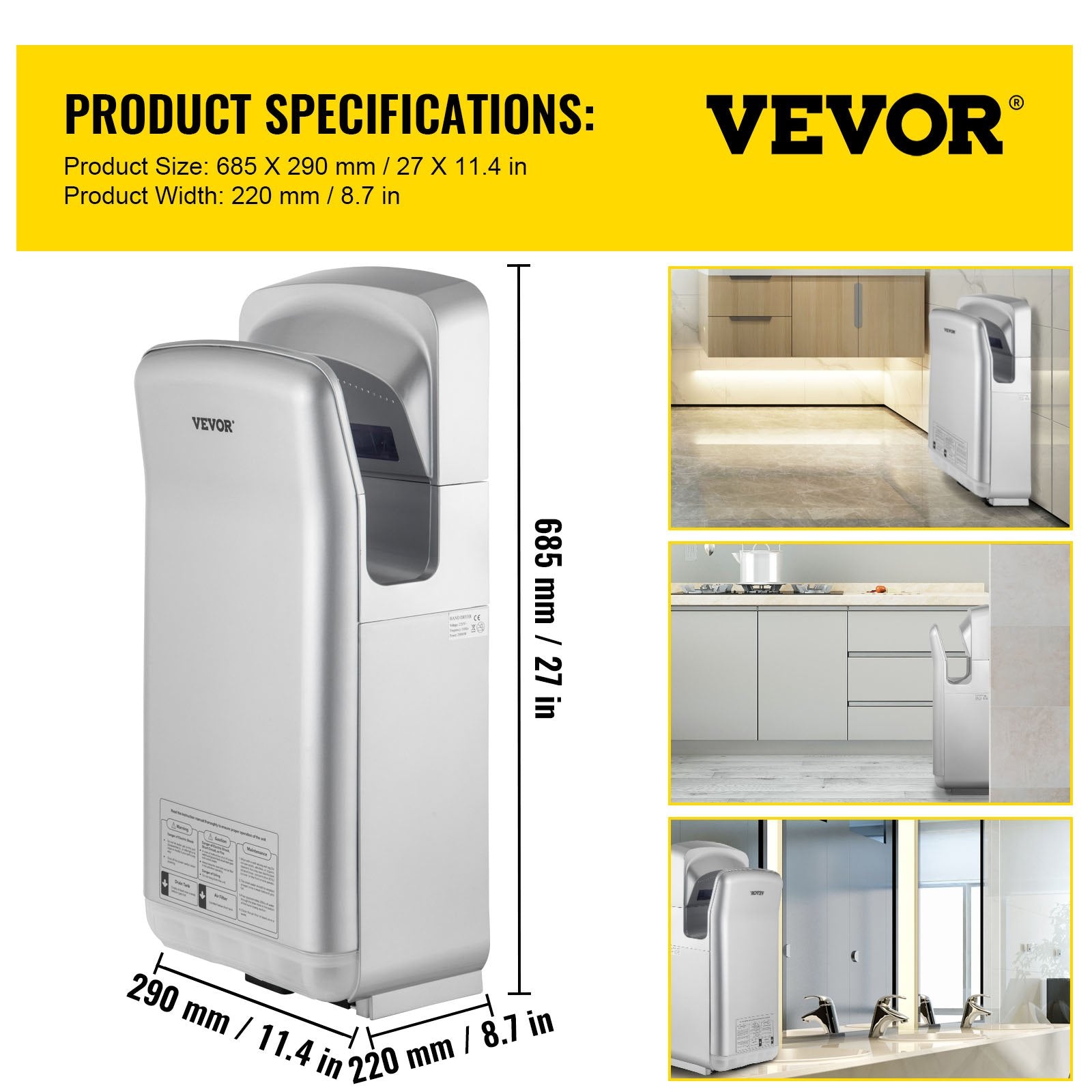 Automotive Cleaning: VEVOR Jet Hand Dryer Blade Hand Dryer Automatic High Speed for Washroom Silver