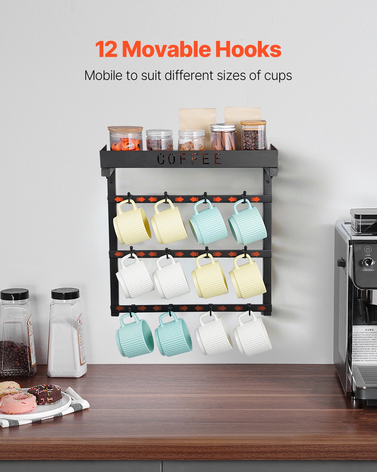 Coat Racks: VEVOR Coffee Mug Holder Wall Mounted w/ 12 Movable Hooks and Top Shelf Cup Rack