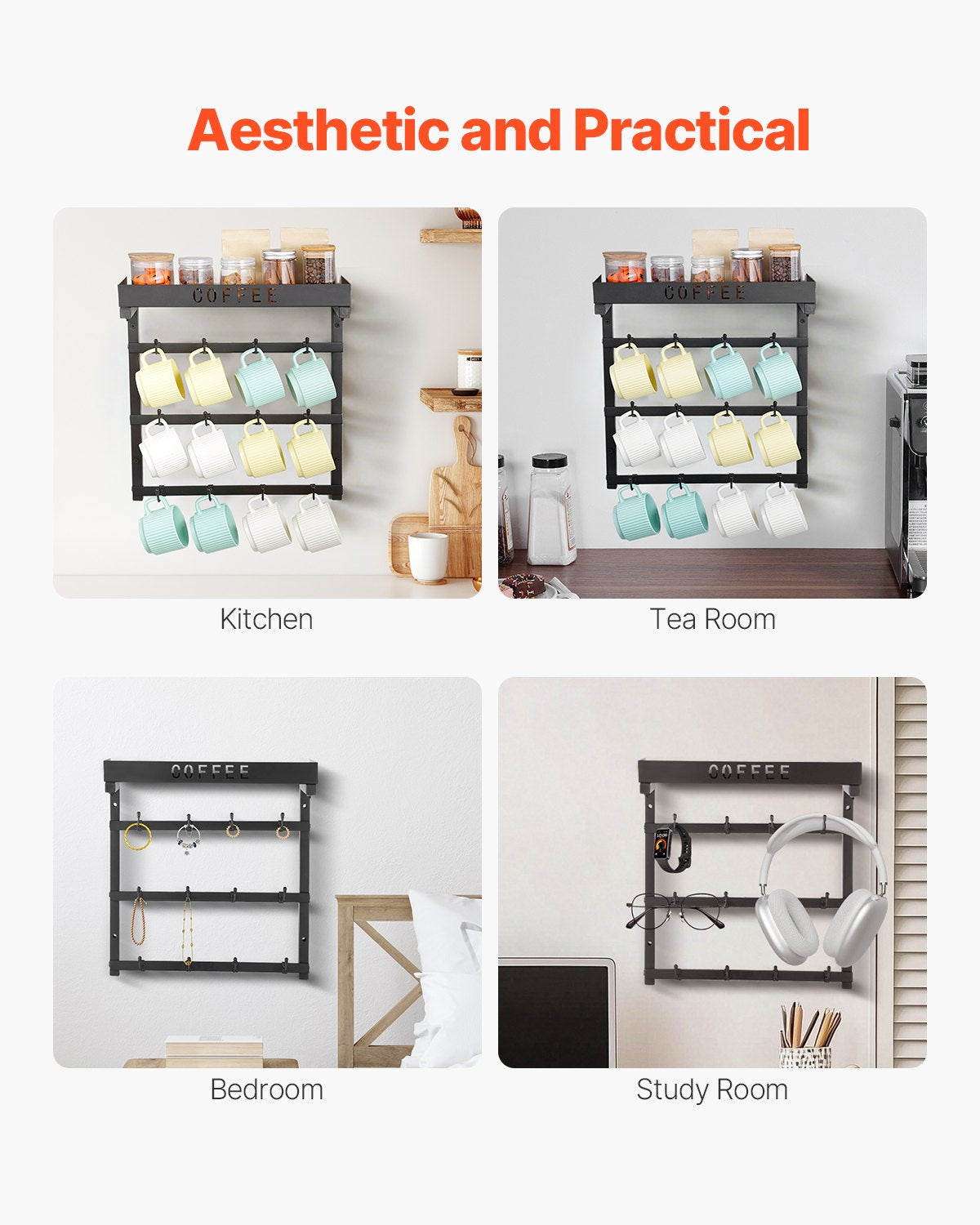 Coat Racks: VEVOR Coffee Mug Holder Wall Mounted w/ 12 Movable Hooks and Top Shelf Cup Rack