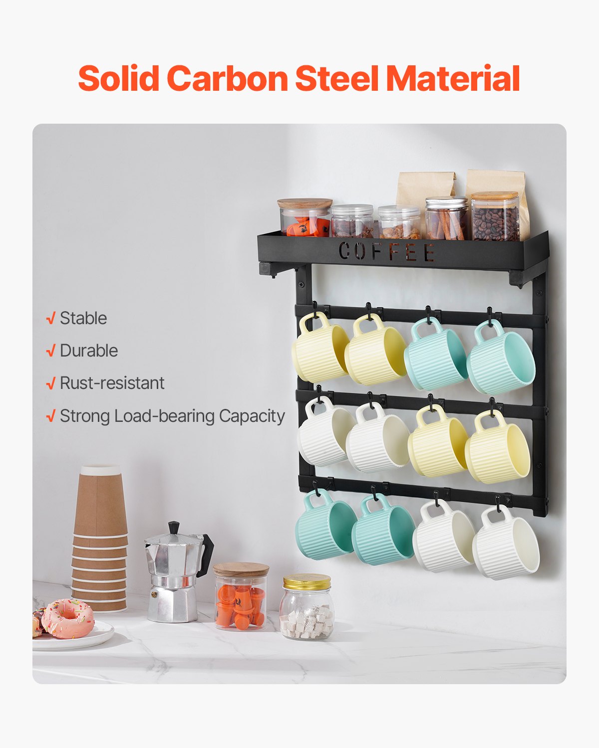 Coat Racks: VEVOR Coffee Mug Holder Wall Mounted w/ 12 Movable Hooks and Top Shelf Cup Rack