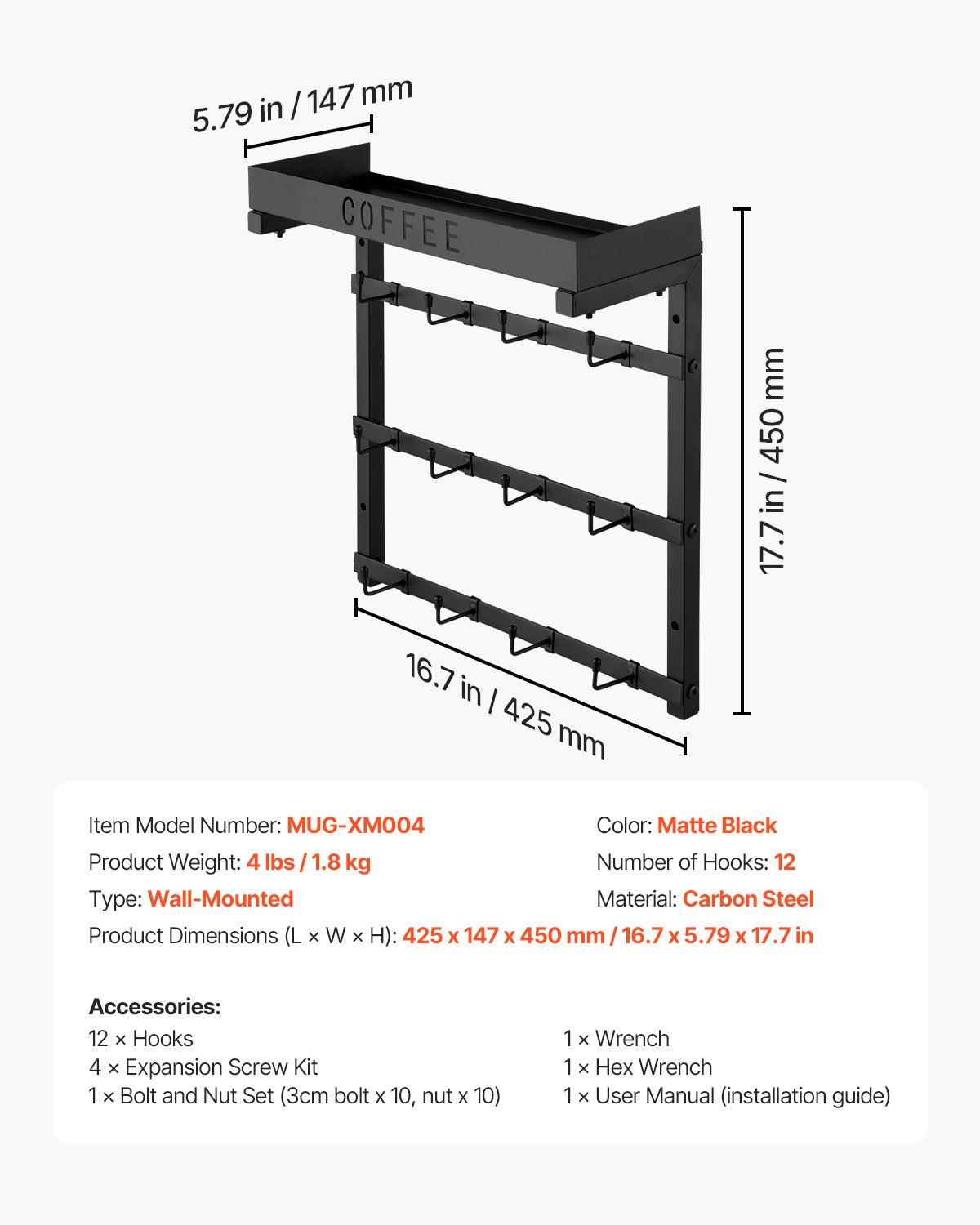 Coat Racks: VEVOR Coffee Mug Holder Wall Mounted w/ 12 Movable Hooks and Top Shelf Cup Rack