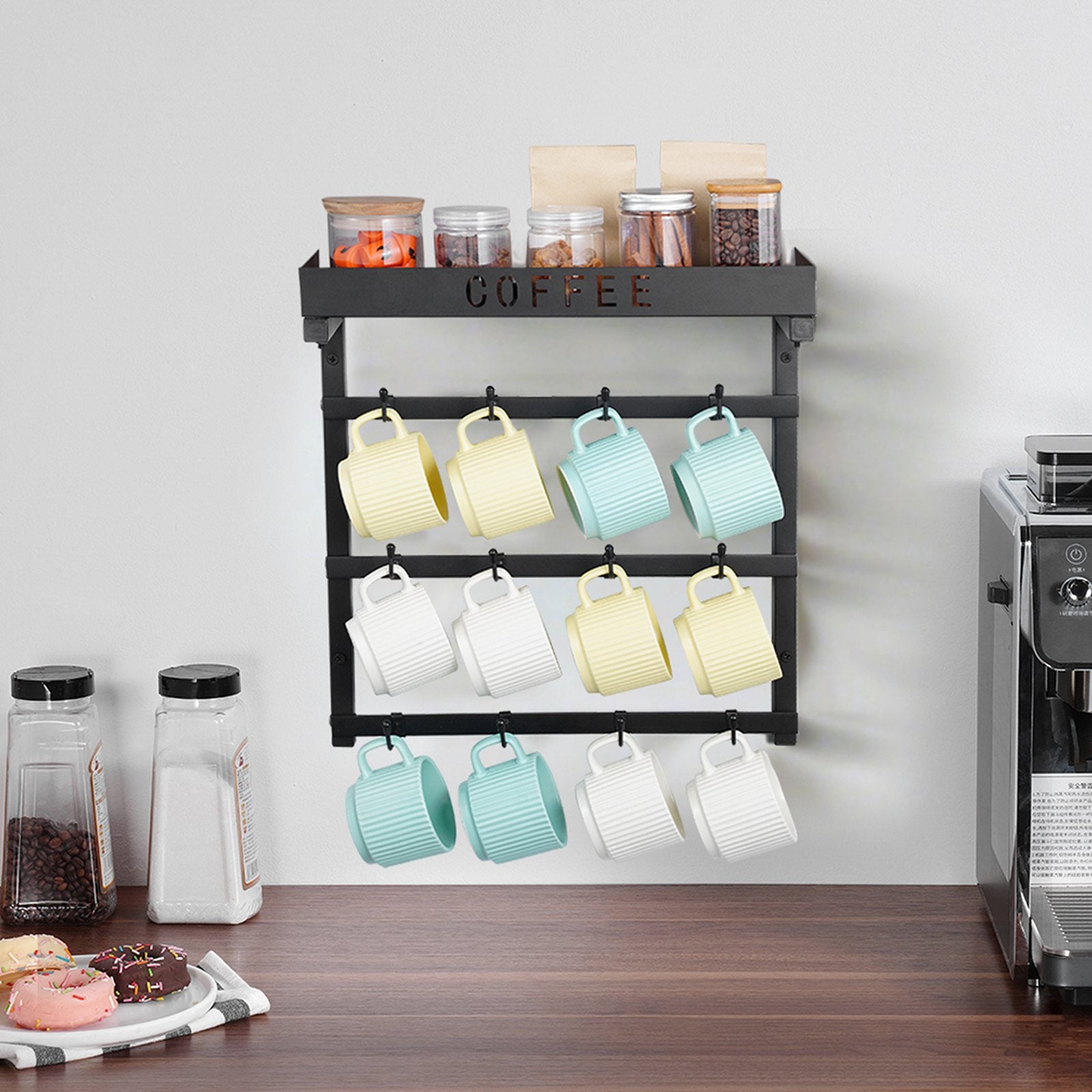 Coat Racks: VEVOR Coffee Mug Holder Wall Mounted w/ 12 Movable Hooks and Top Shelf Cup Rack