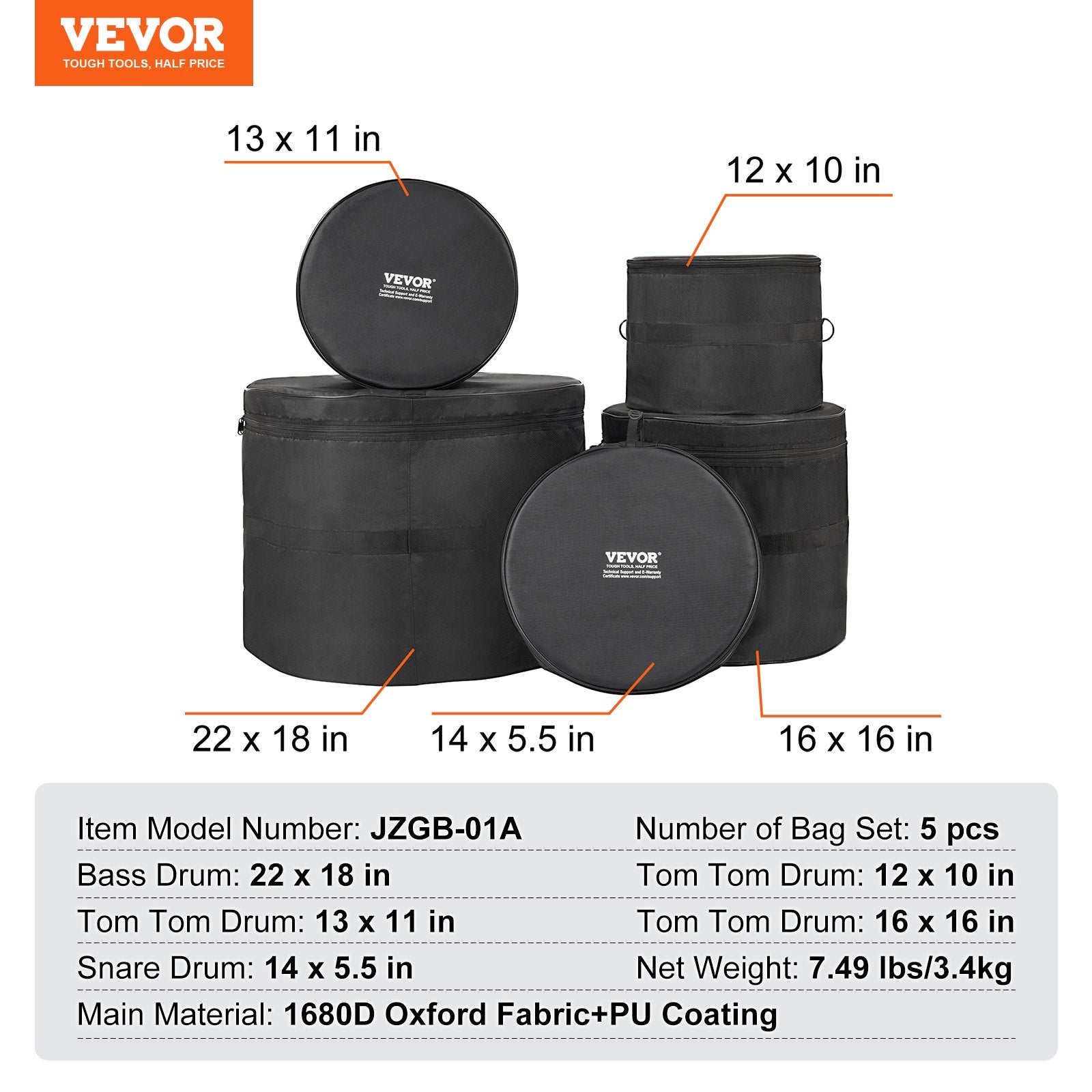 5-Piece Drum Bag Set, 1680D Oxford Fabric, Padded Drum Bags and Cases with 4.92 ft Detachable Shoulder Strap Carry Handles Foldable Design, for 55cm Kick 30cm Tom 33cm Tom 40cm Tom 35cm Snare
