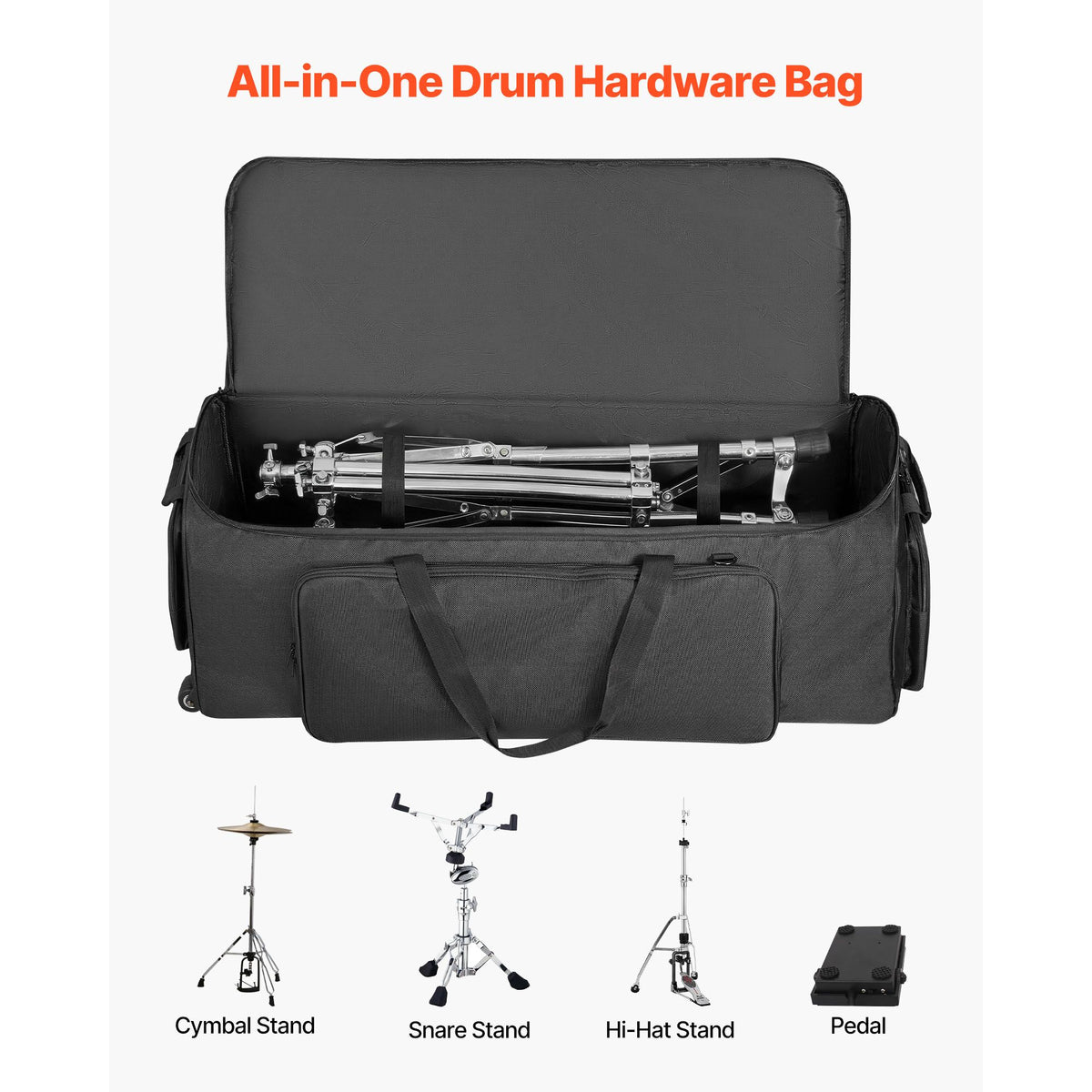 Drum Hardware Bag with Wheels, 1680D, Drum Set Equipment Carry Bag, Carrying Case with Sturdy Handle, Durable Zipper, Smooth PVC Wheels, Multiple Pockets, for Hardware and Stand Accessory, Black